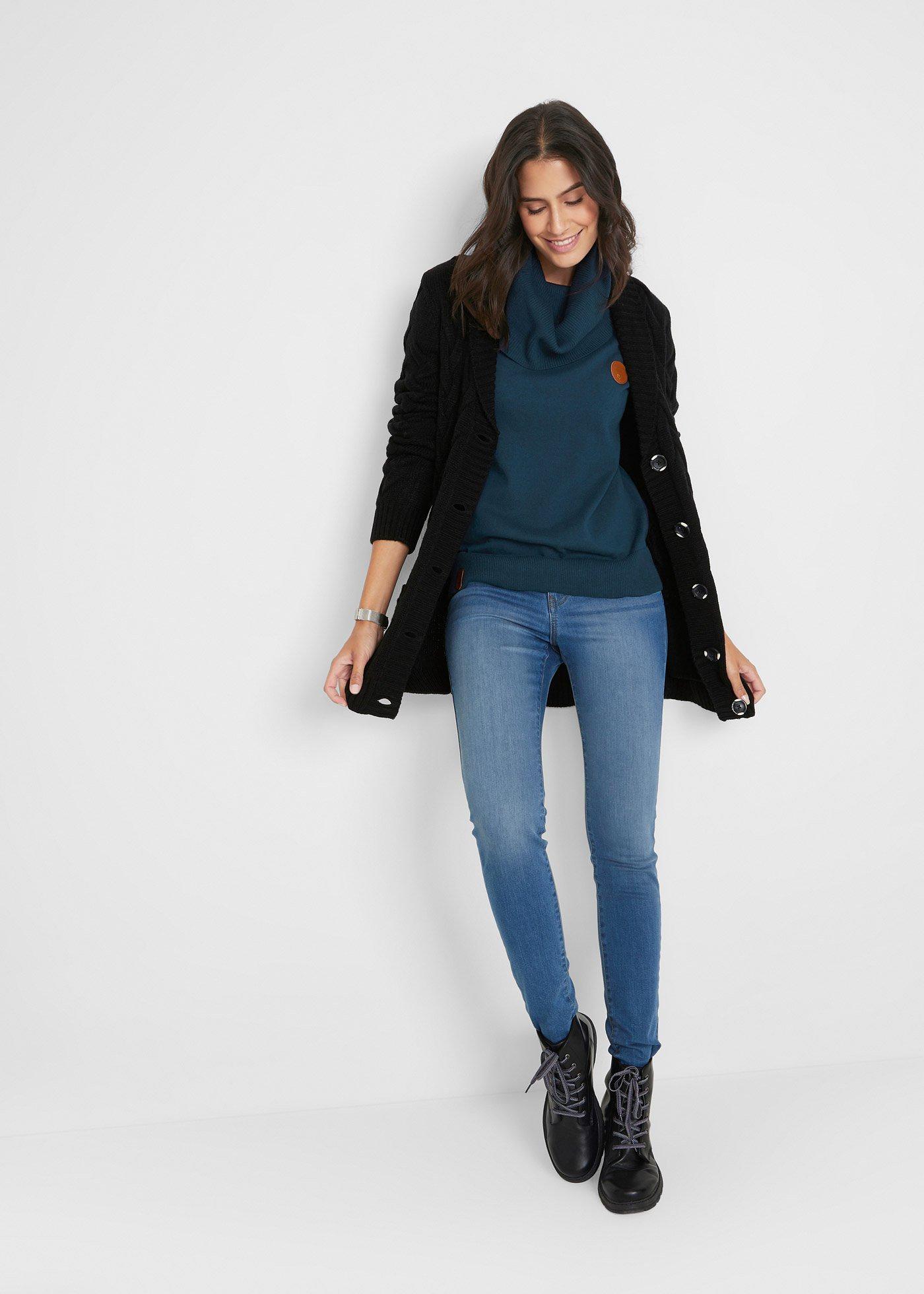 Sweter z dzianiny o splocie drobnych oczek, z szerokim golfem - Bonprix