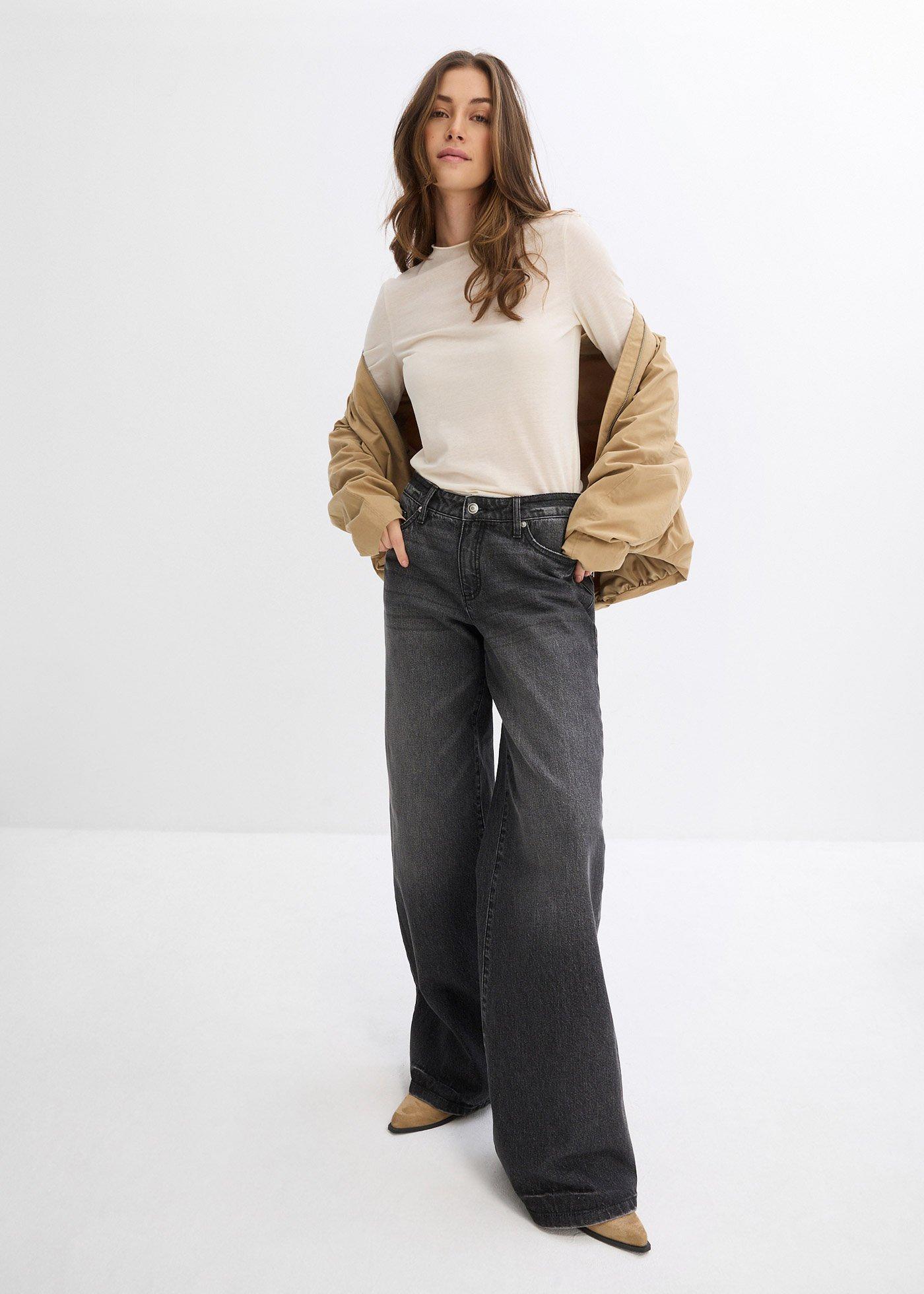 Jeansy wide leg, średni stan niewielką domieszką stretchu - Bonprix