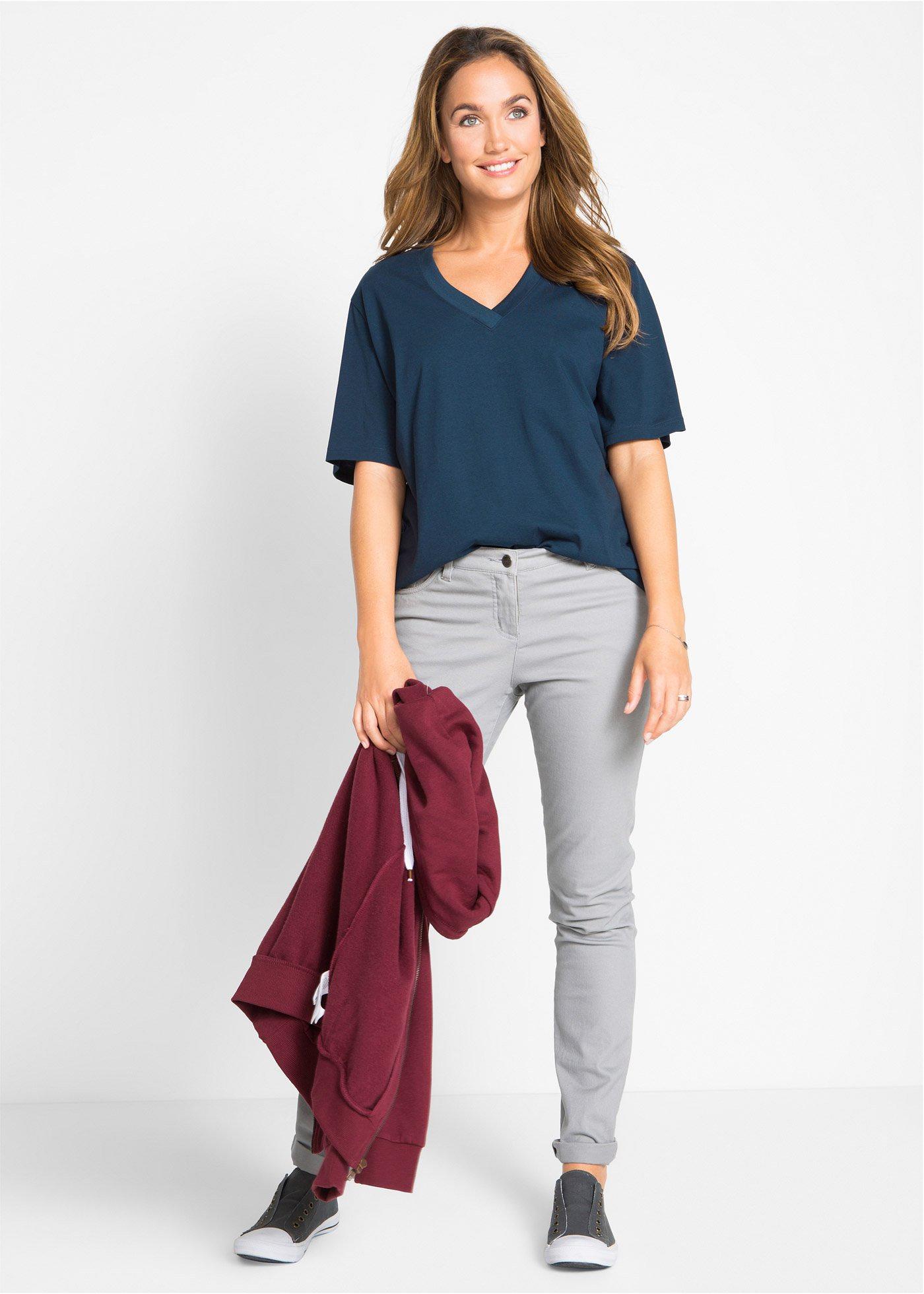 Długi i szeroki T-shirt z dekoltem w serek, krótki rękaw (5 sztuk) - Bonprix