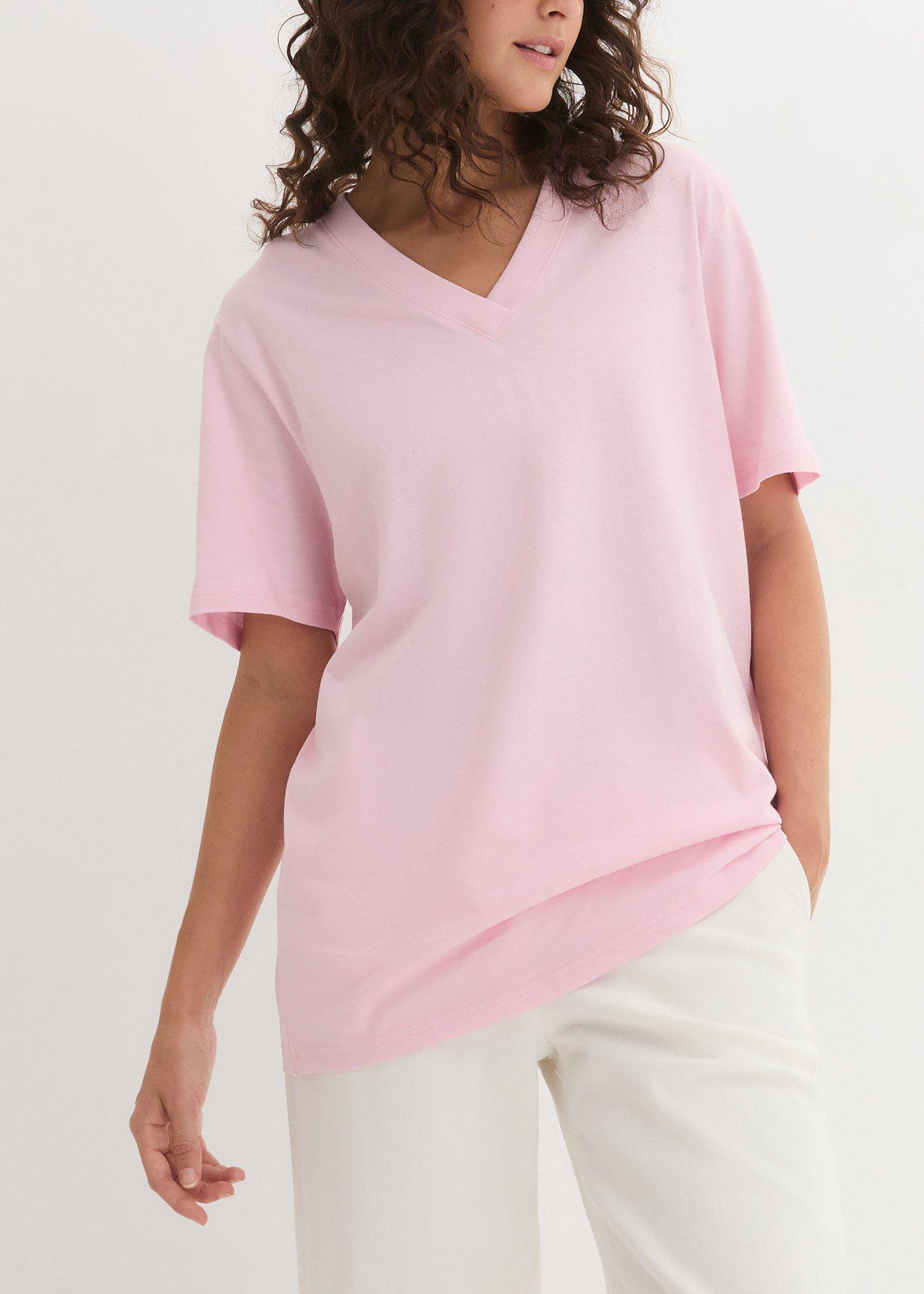 Długi i szeroki T-shirt z dekoltem w serek, krótki rękaw (5 sztuk) - Bonprix