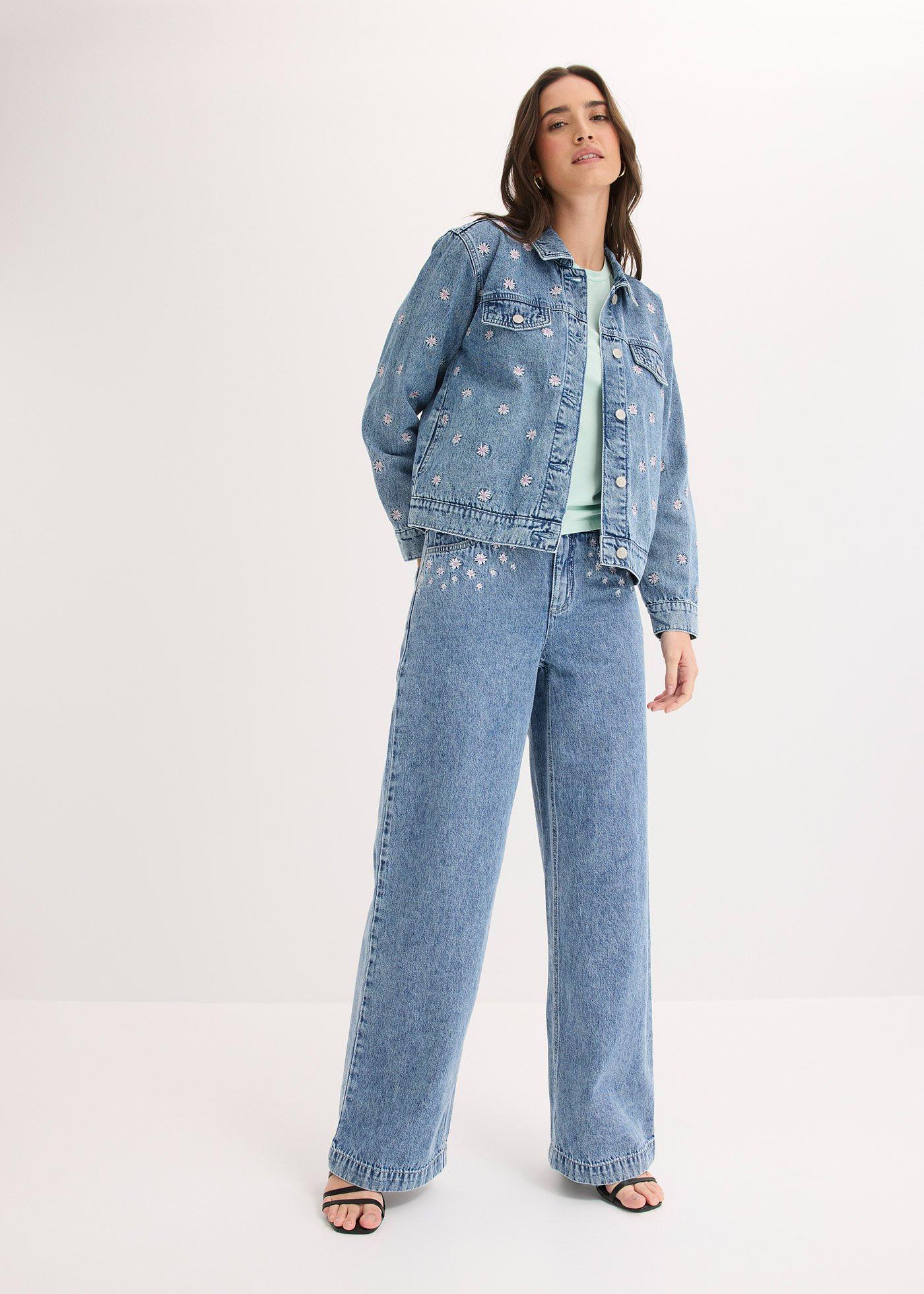 Jeansy wide leg, mid waist, z bawełny - Bonprix