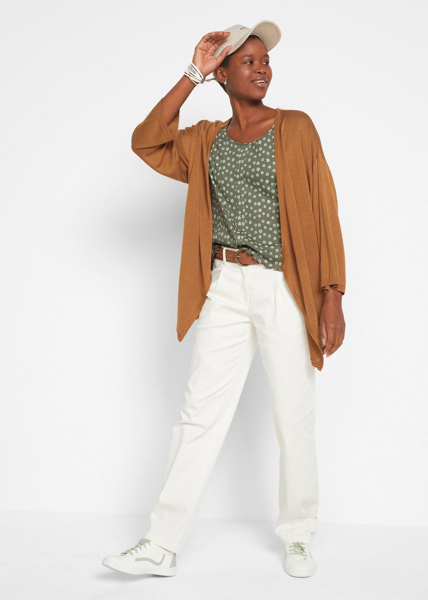 Prążkowany T-shirt z kwiatowym nadrukiem, półdługie rękawy - Bonprix