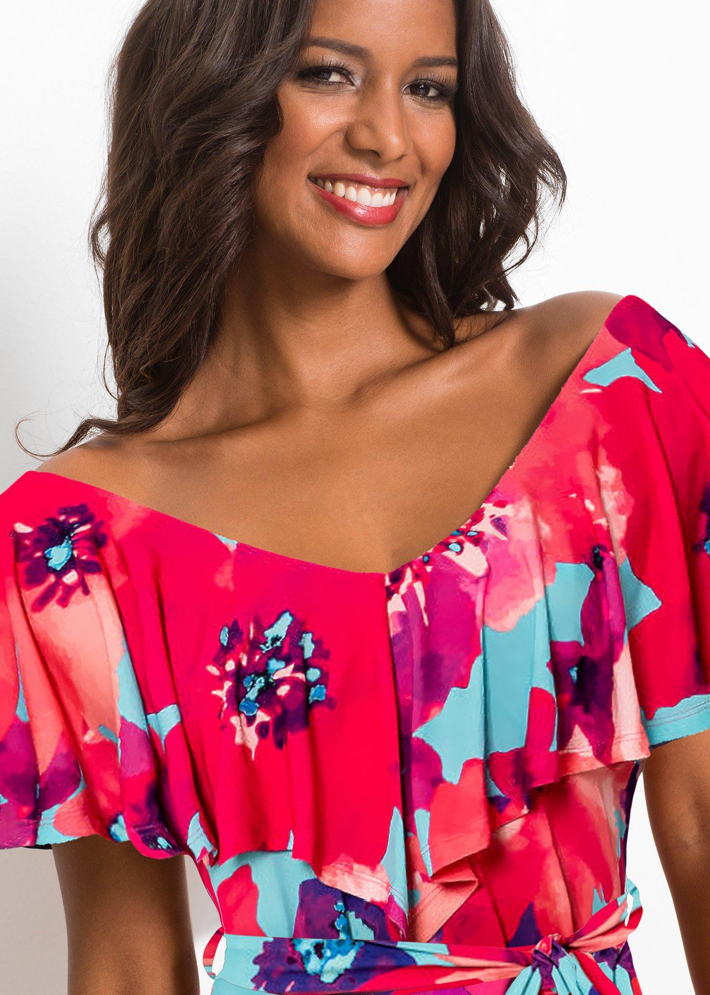 Długa sukienka z falbaną i paskiem - Bonprix