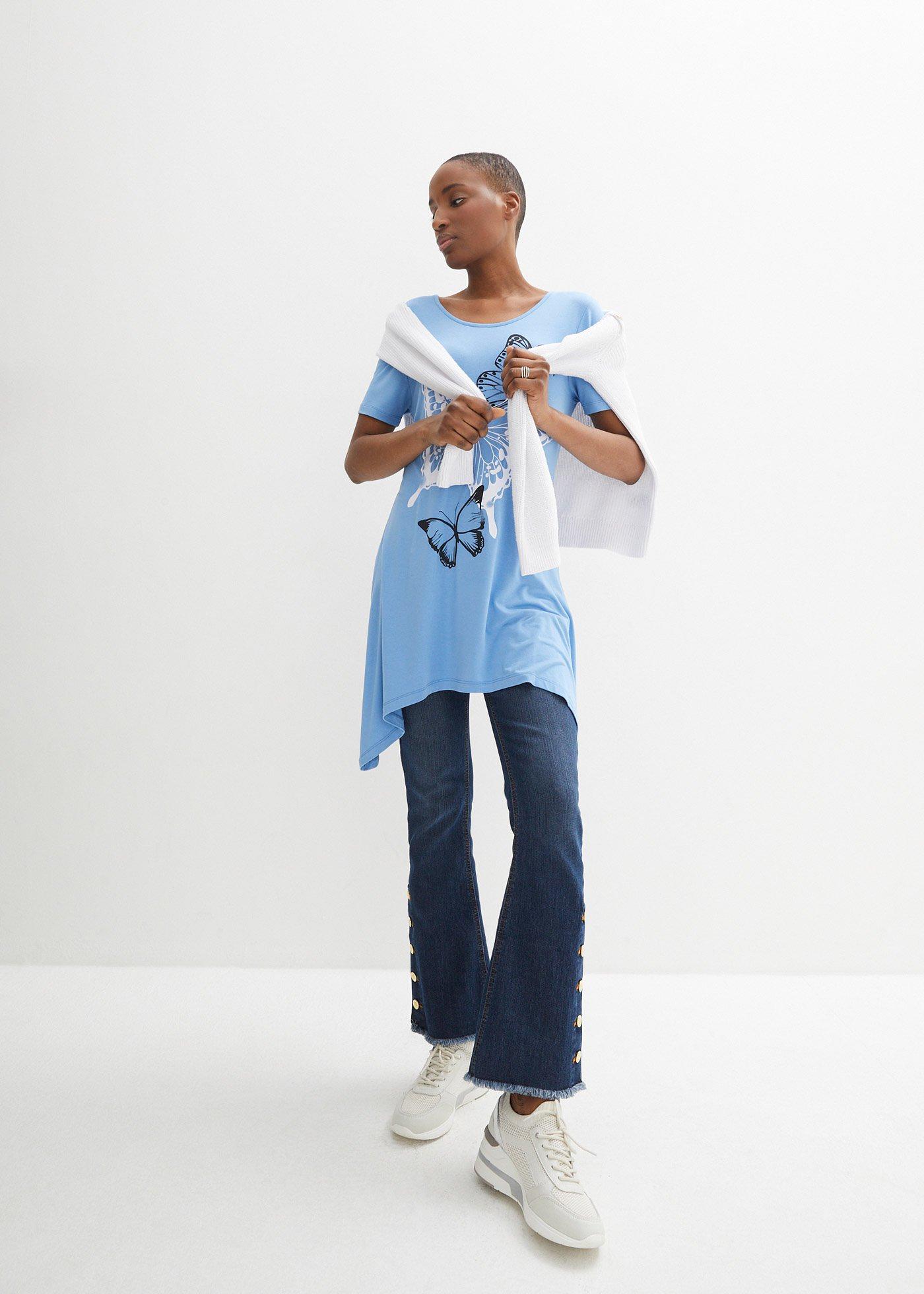 Długa koszulka z dłuższymi bokami i nadrukiem w motyle - Bonprix