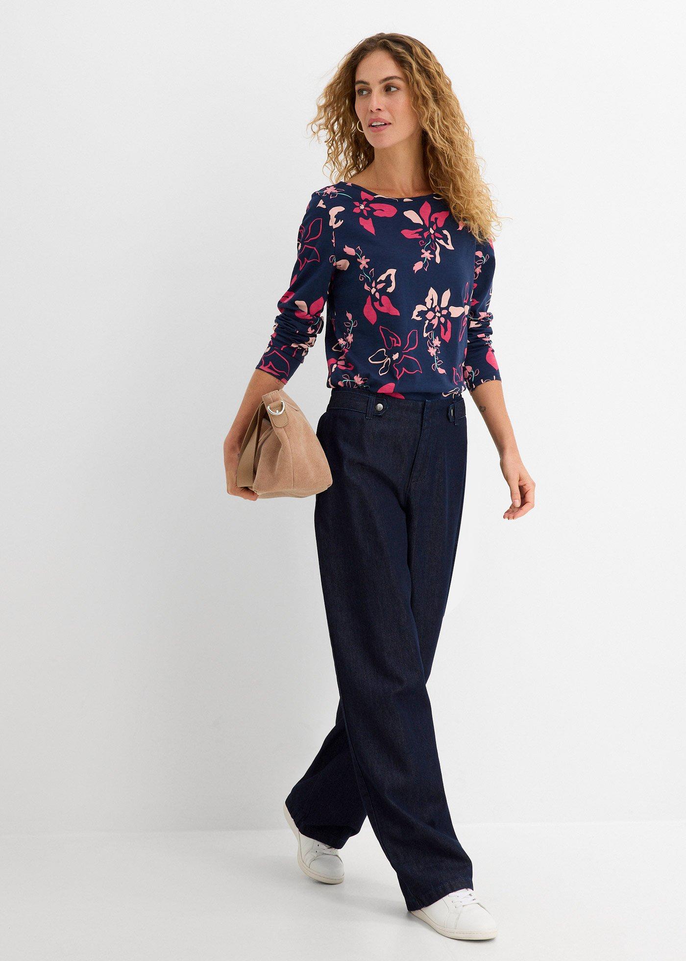 Shirt z długim rękawem, w kwiaty - Bonprix