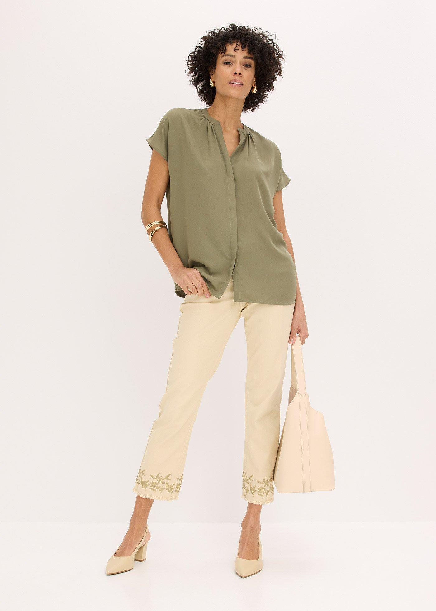 Bluzka z krótkim rękawem i krytą plisą guzikową - Bonprix