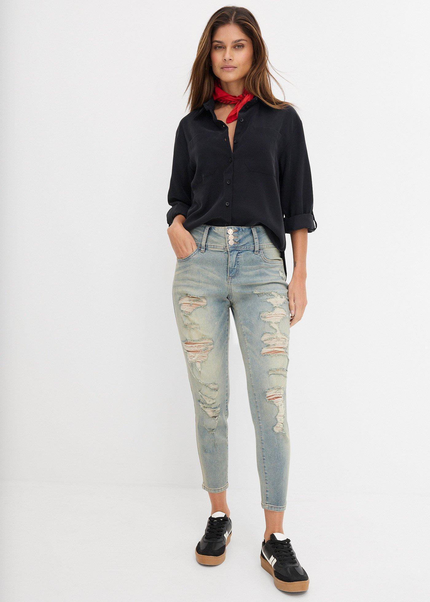 Dżinsy SKINNY z wysoką talią i ozdobnymi przetarciami - Bonprix