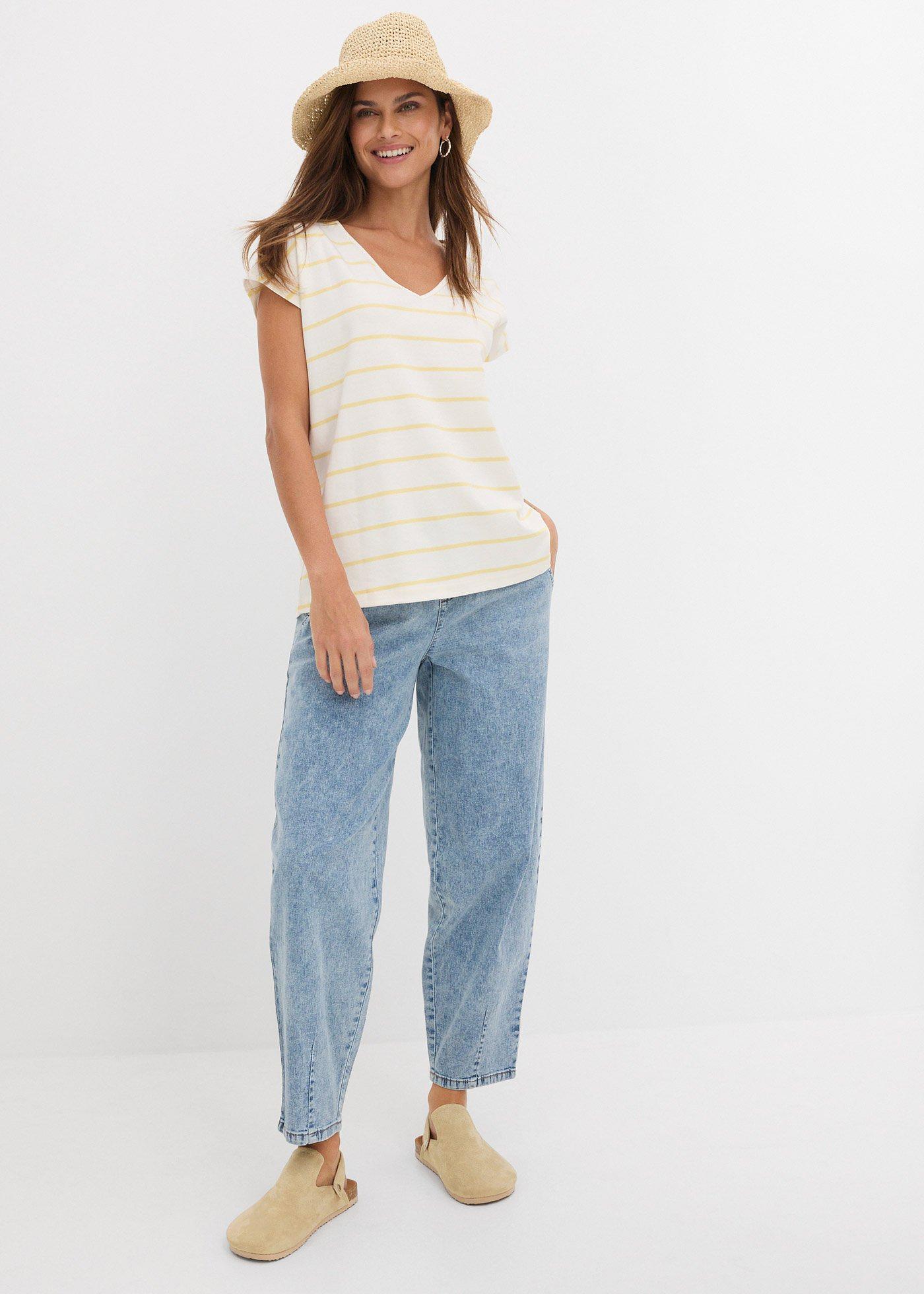 Dżinsy barrel, średni stan, z elastyczną gumą w talii - Bonprix