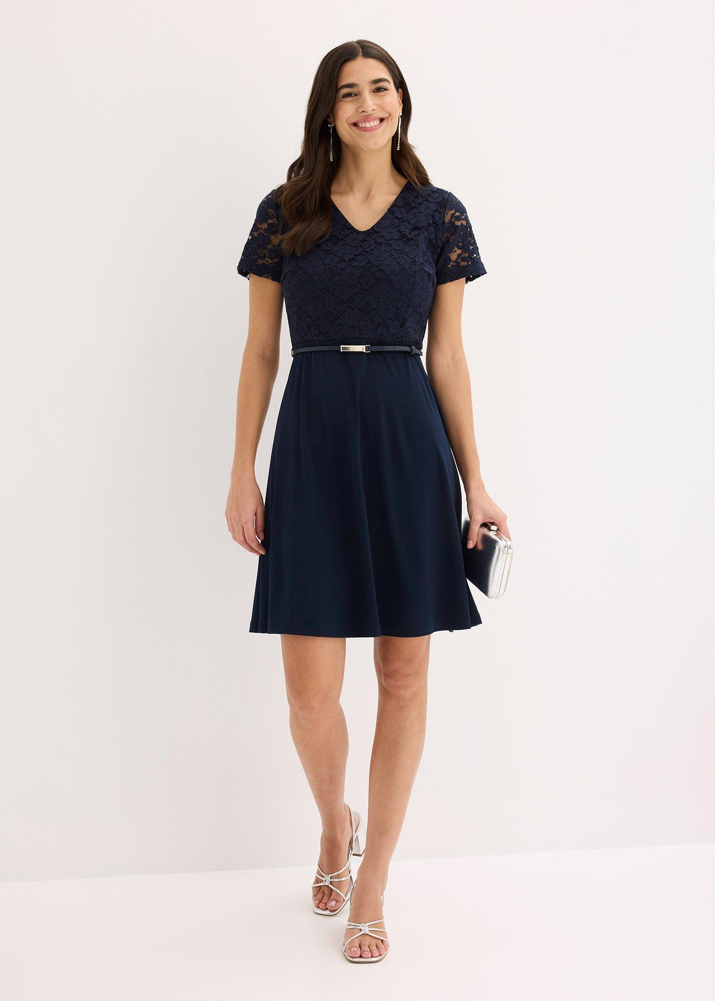 Sukienka mini z koronką i paskiem - Bonprix