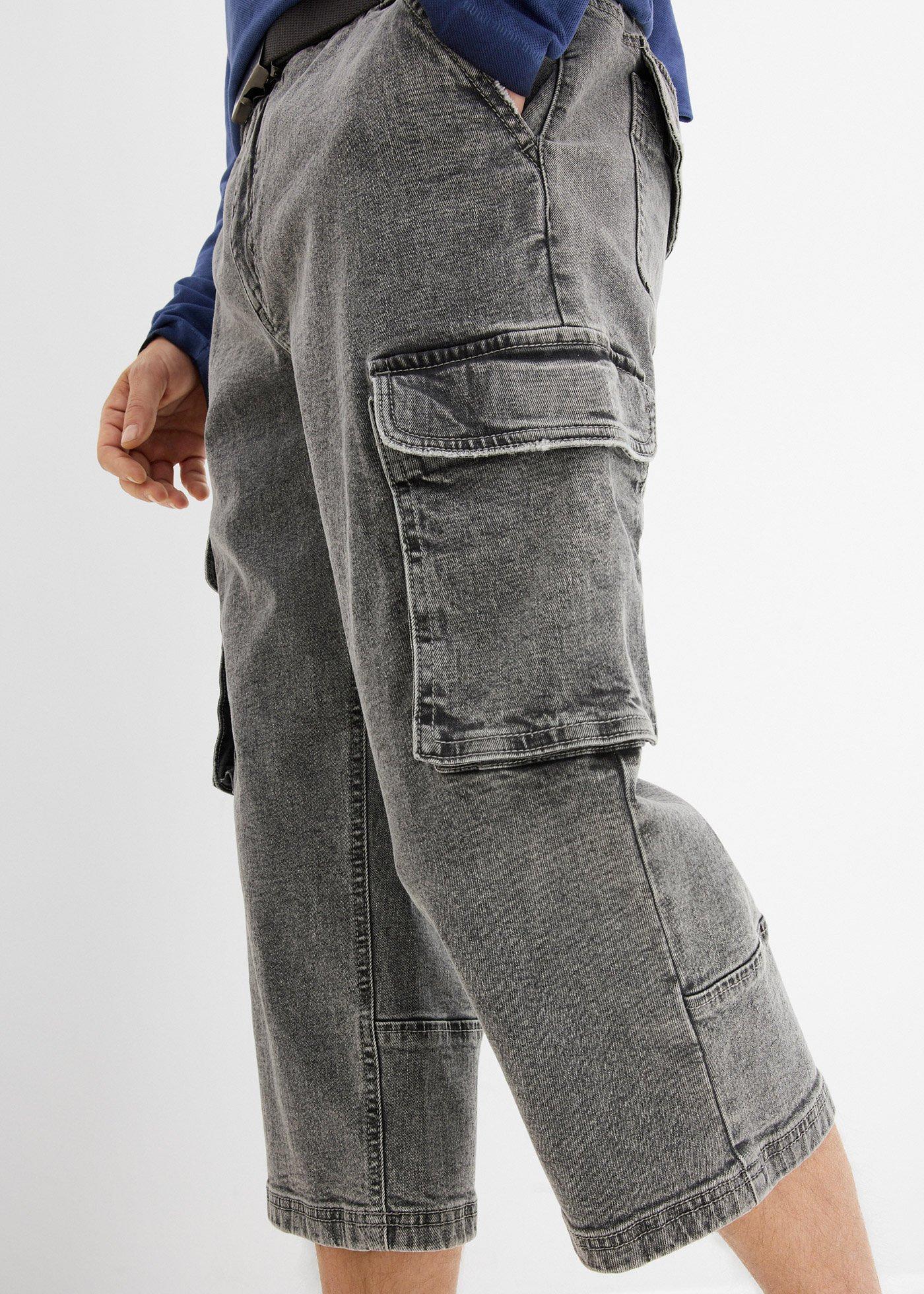 Jeansy bojówki 3/4 ze stretchem i paskiem, relaxed fit - Bonprix
