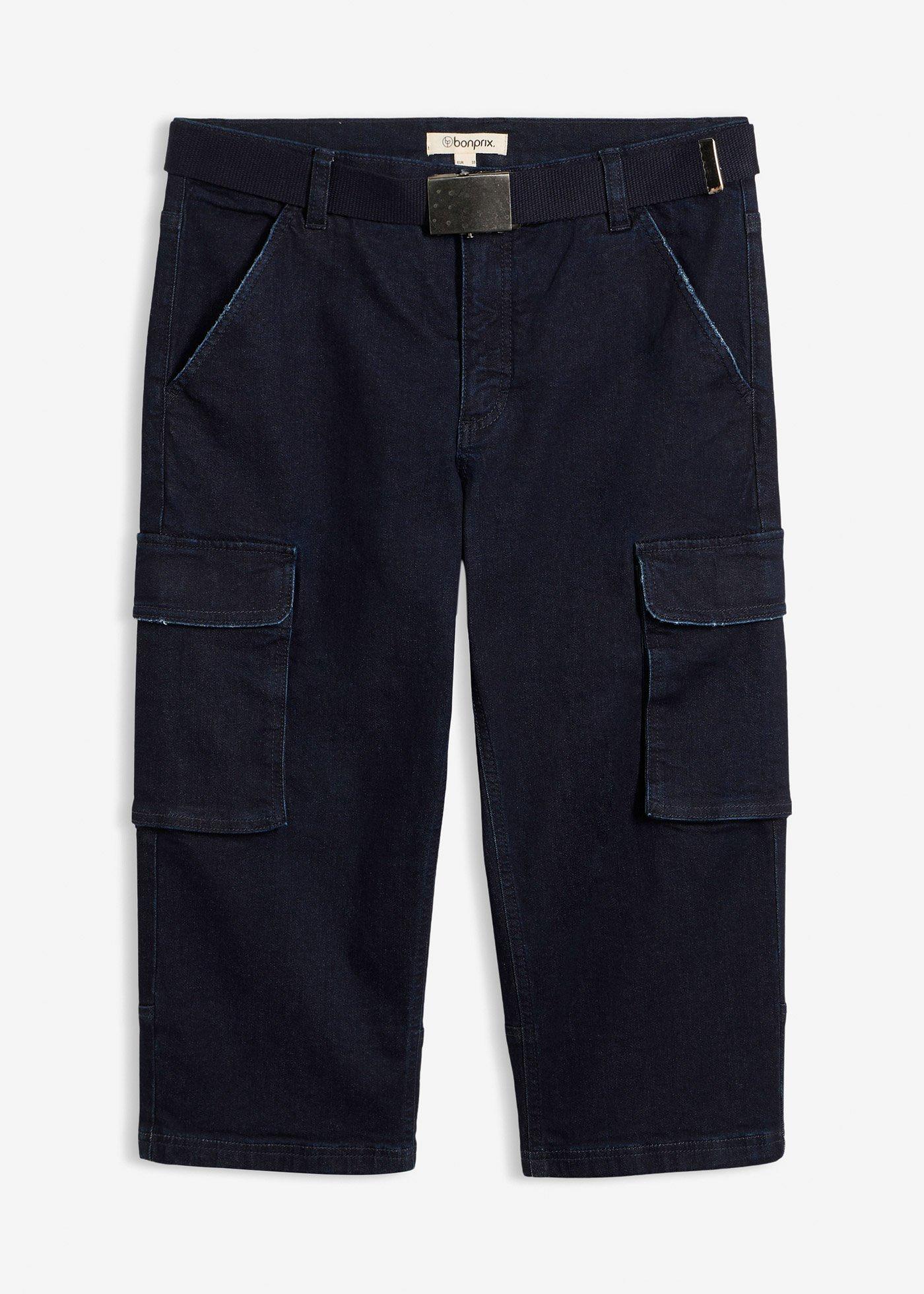 Jean 3/4 extensible avec poches cargo et ceinture, coupe loose