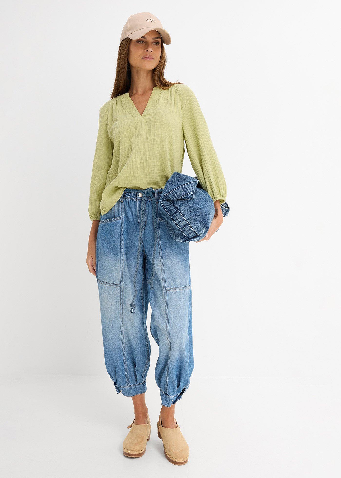 Jeansy typu barrel, mid waist z wygodnym pasem - Bonprix