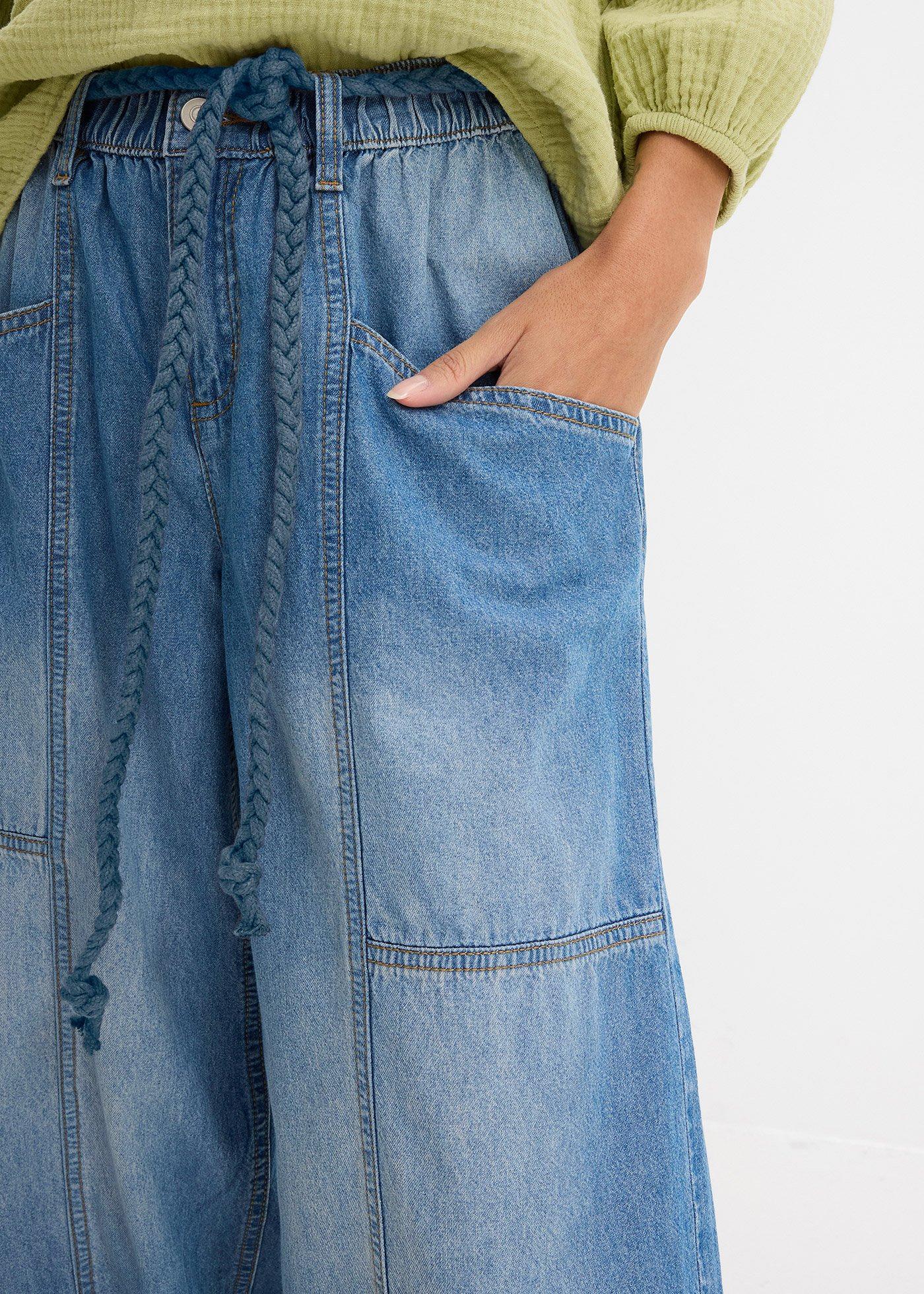 Jeansy typu barrel, mid waist z wygodnym pasem - Bonprix