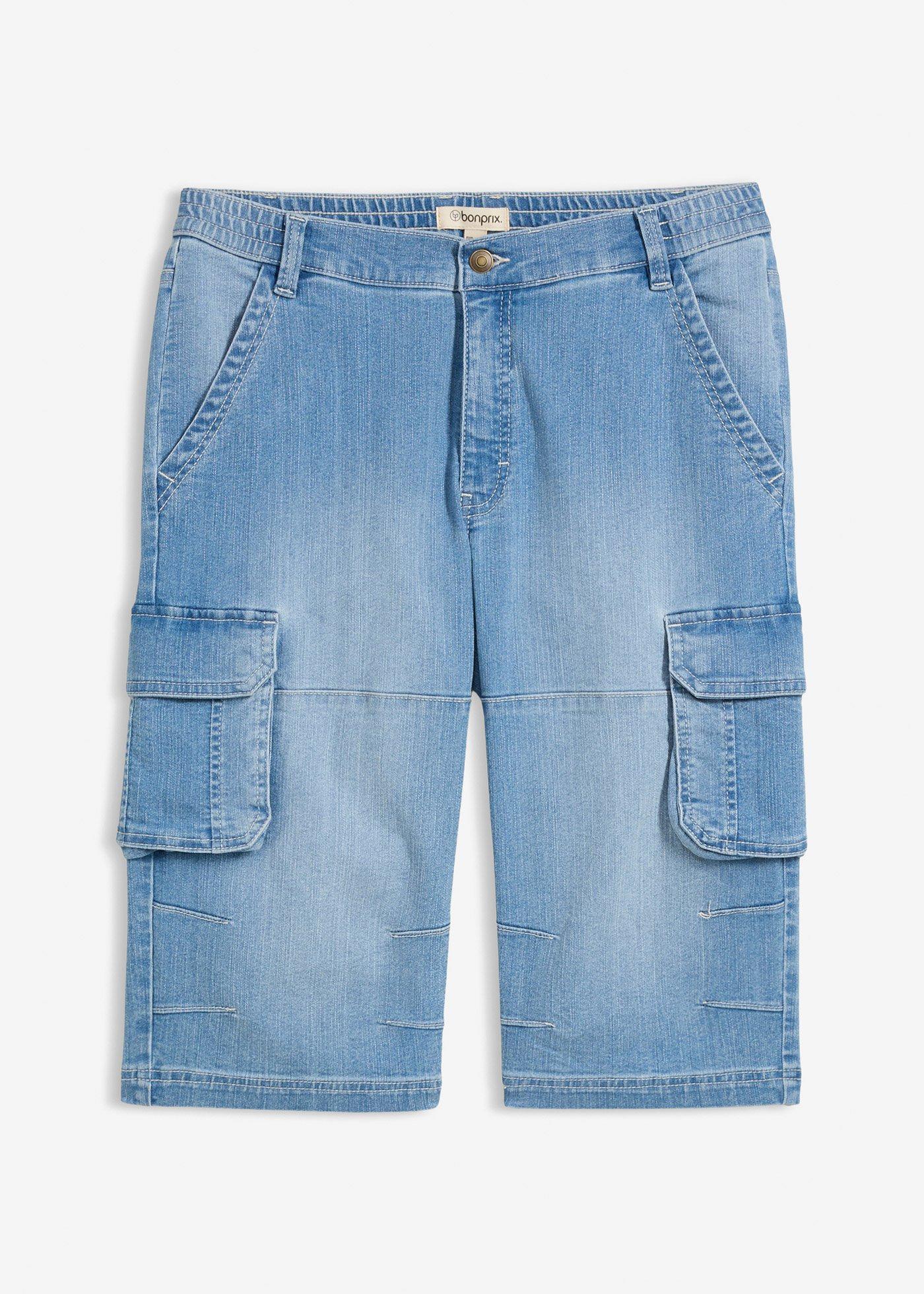Bermuda long en jean léger à taille élastiquée, regular