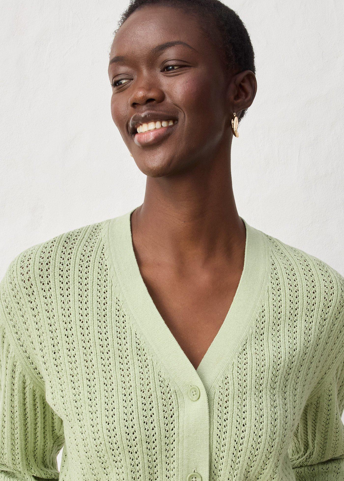 Sweter rozpinany w ażurowy wzór z dodatkiem lnu - Bonprix