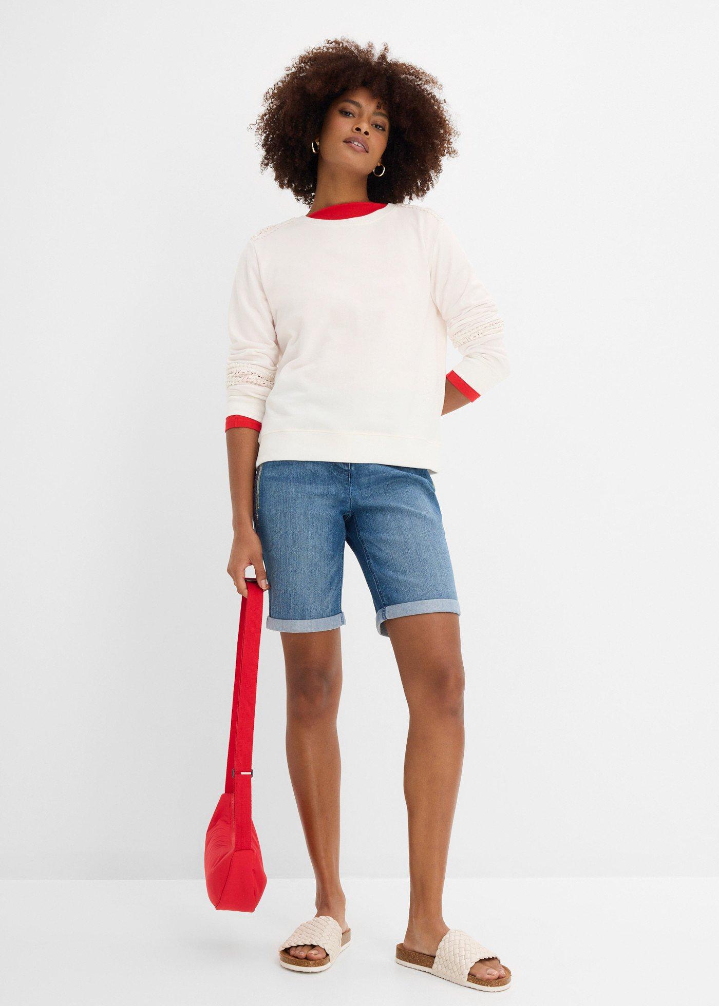 Bermudy jeansowe mid waist, z haftem i wygodnym pasem - Bonprix