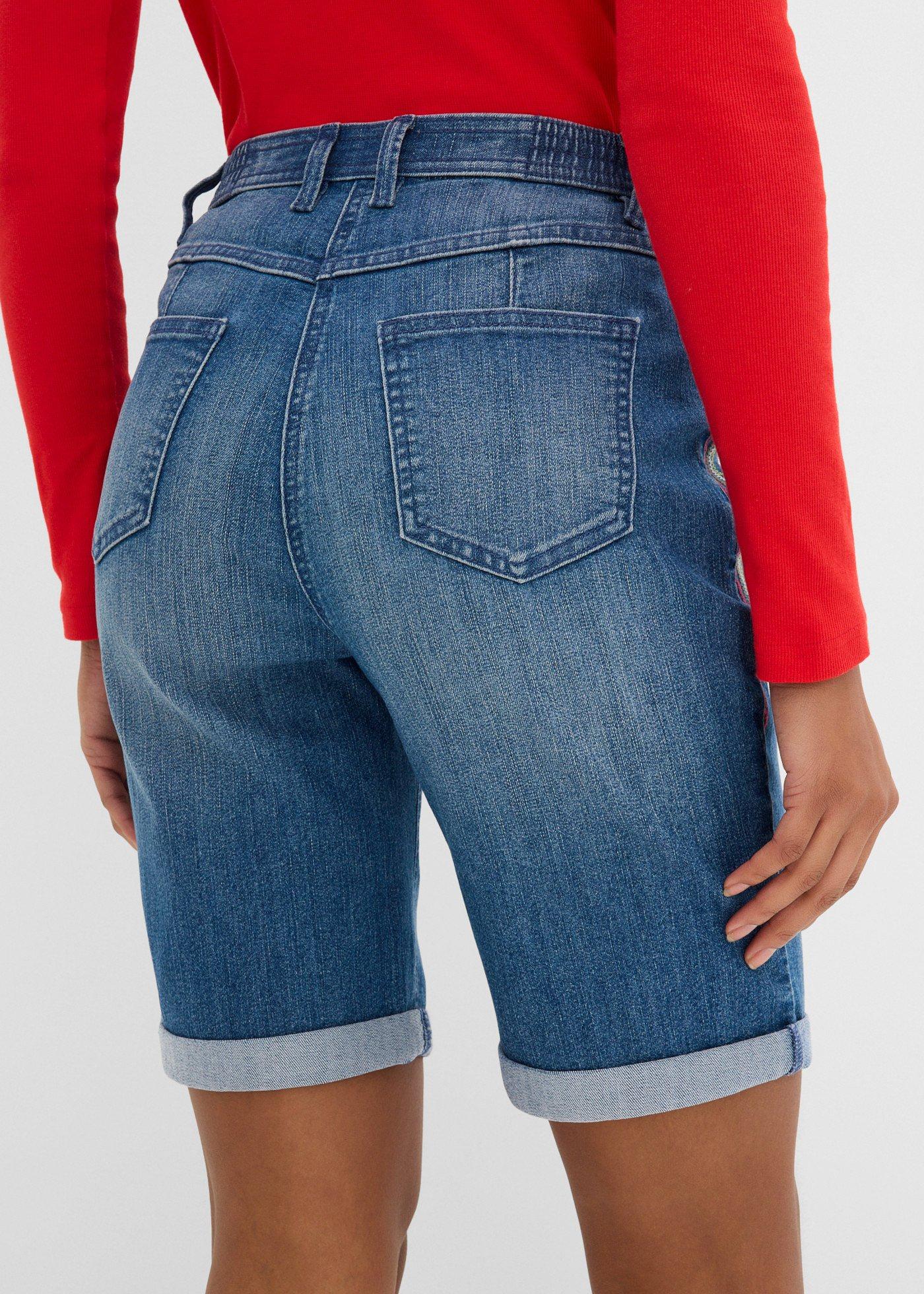 Bermudy jeansowe mid waist, z haftem i wygodnym pasem - Bonprix