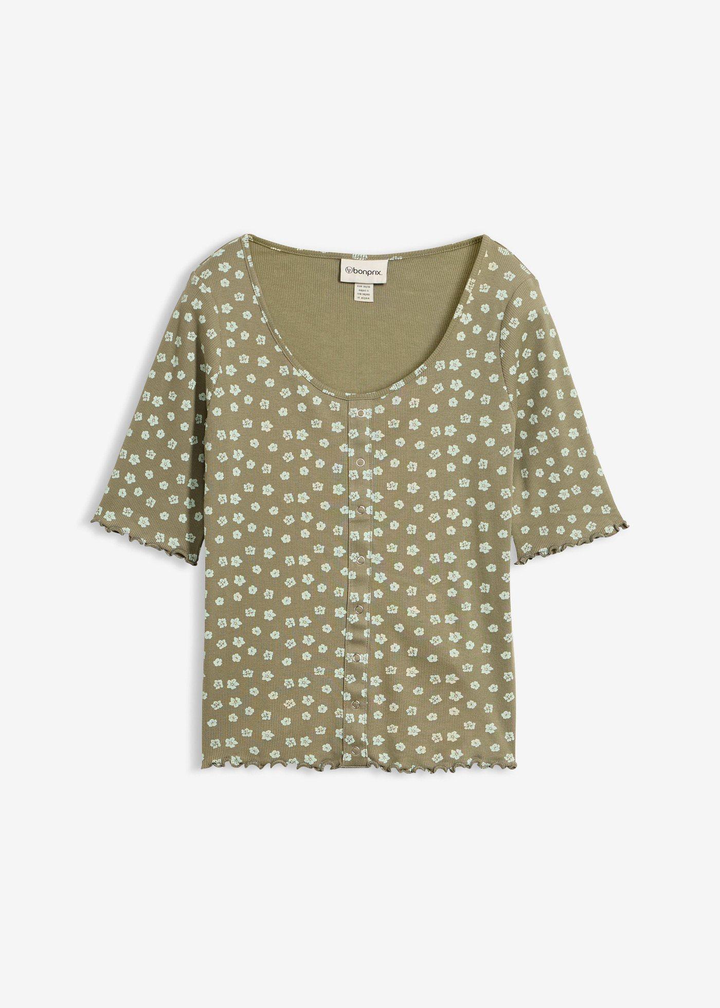 T-shirt côtelé à imprimé floral, manches coude