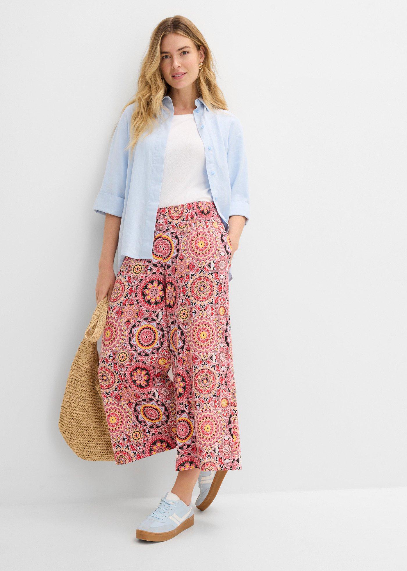 Szerokie spodnie culotte z dżerseju z szerokim paskiem przeszytym cienkimi gumkami, dł. 7/8 - Bonprix