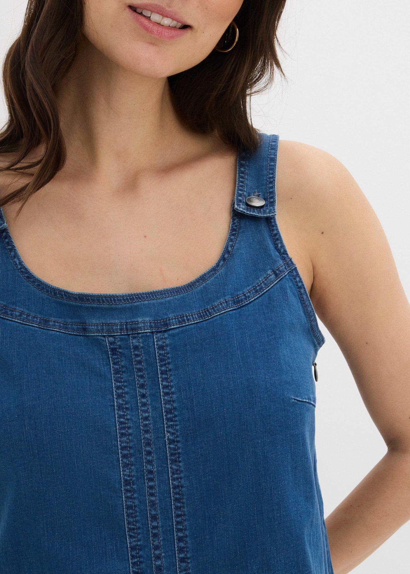 Sukienka ogrodniczka uszyta z bawełnianego dżinsu o długości do kolan - Bonprix