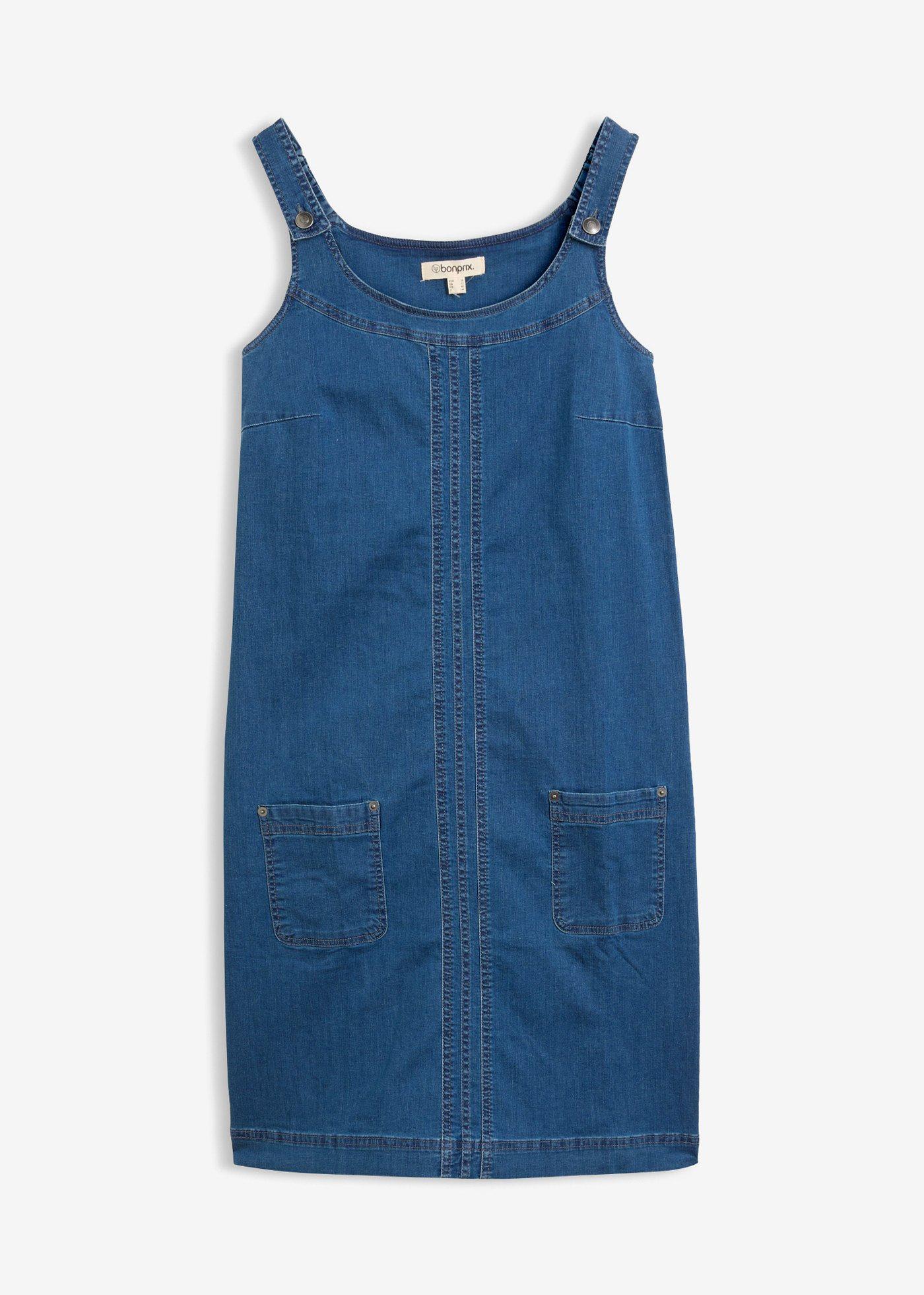 Robe en jean coton avec bretelles de salopette, longueur genou