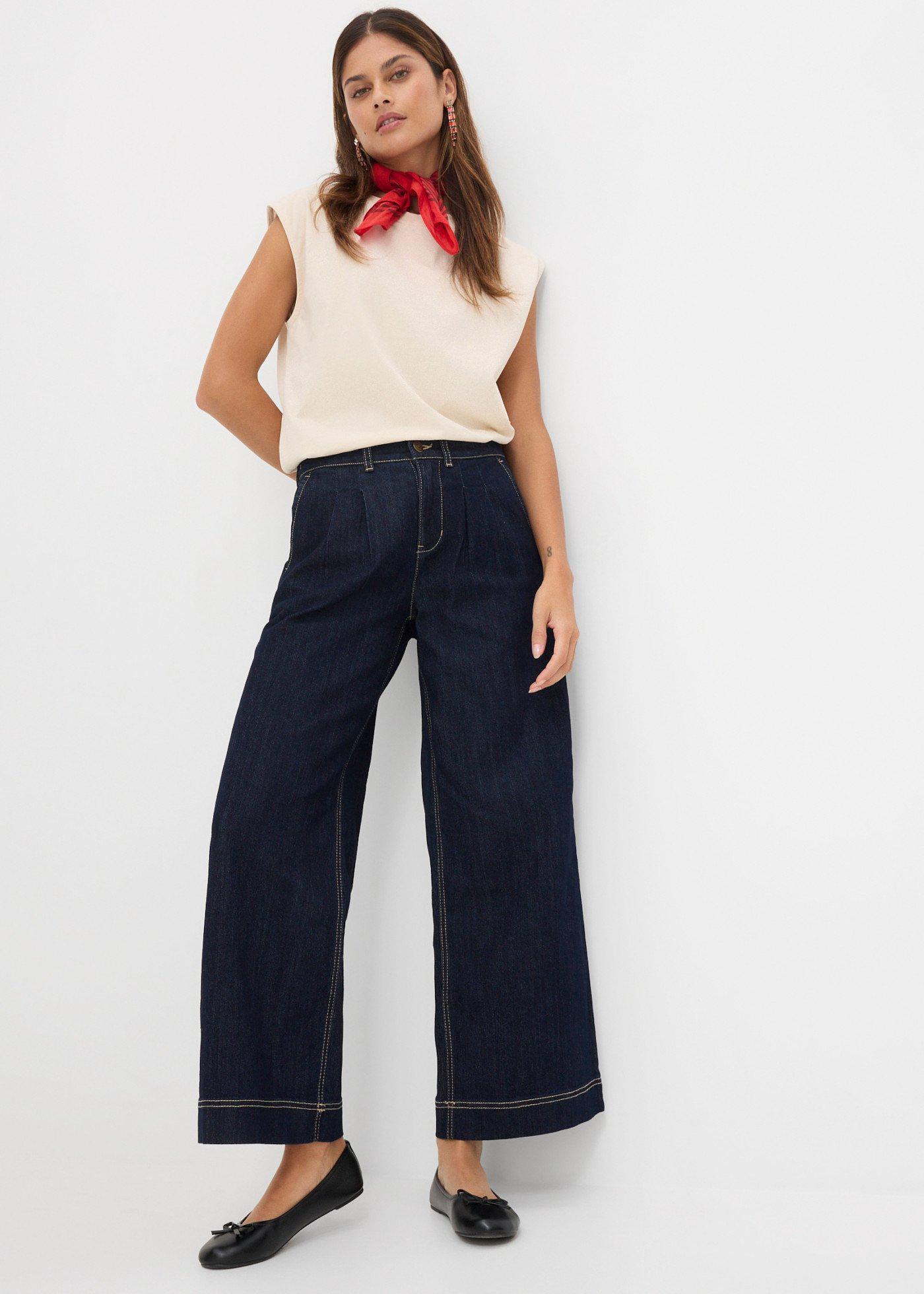 Dżinsy o kroju wide leg, high waist z wygodnym pasem - Bonprix
