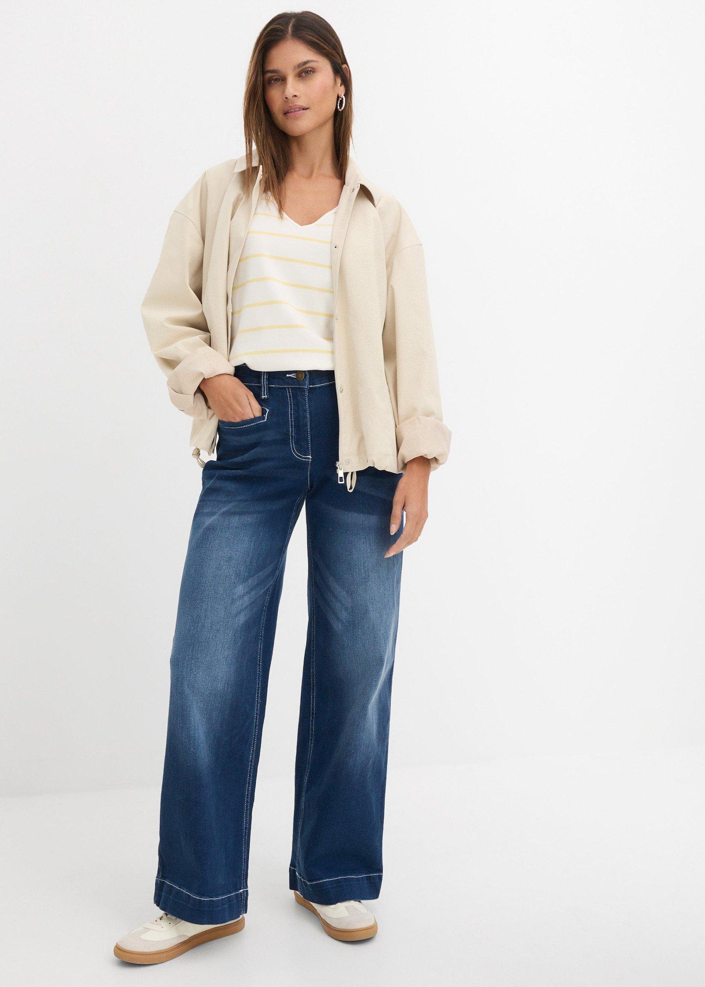 Jeansy wide leg, mid waist, z elastyczną wstawką w talii - Bonprix