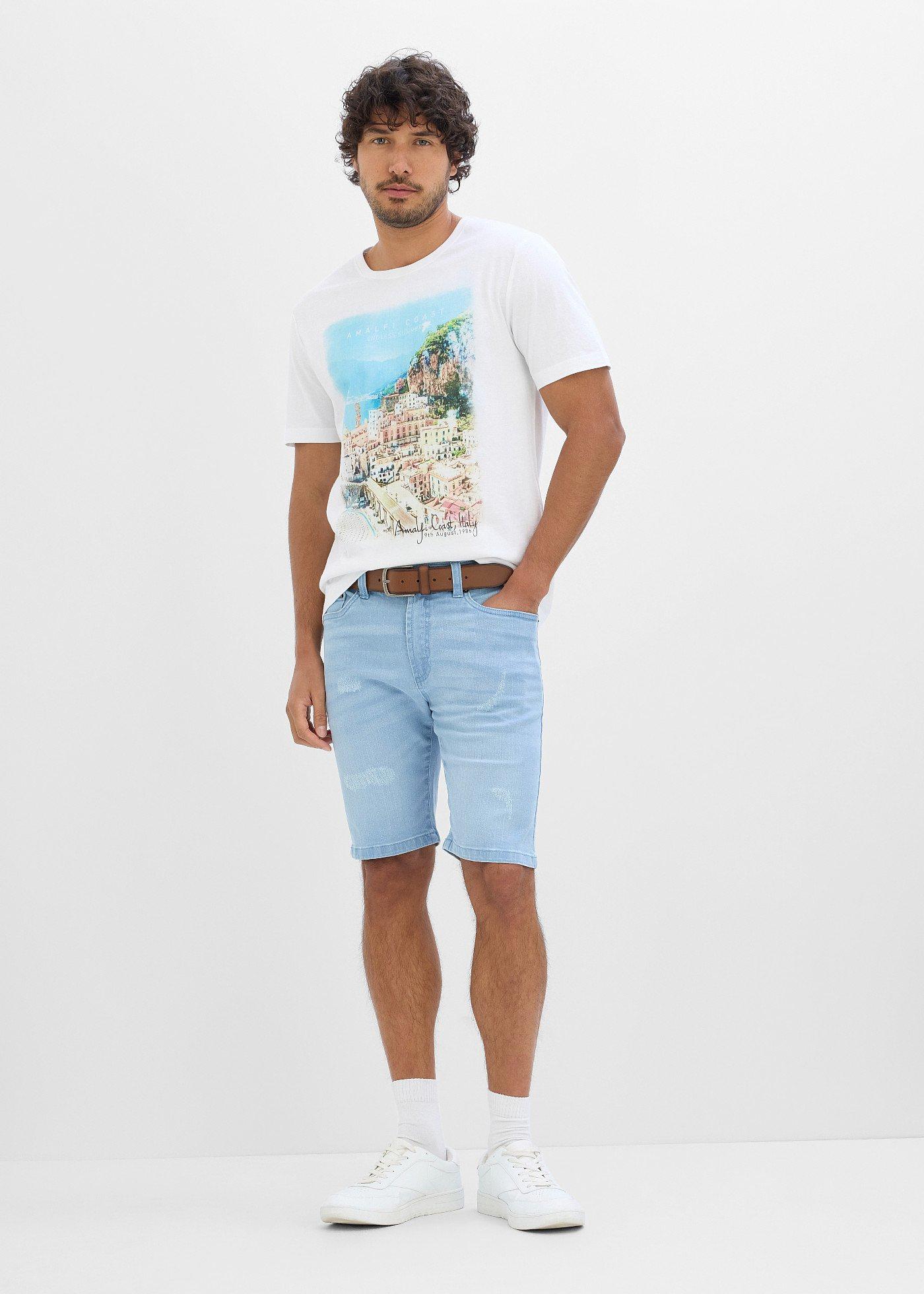 Bermudy jeansowe z elastyczną wstawką w talii, regular fit - Bonprix