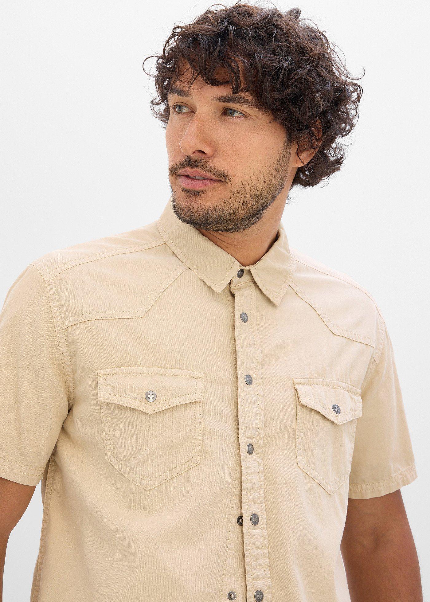 Koszula jeansowa z krótkim rękawem z kolorowego denimu, slim fit - Bonprix