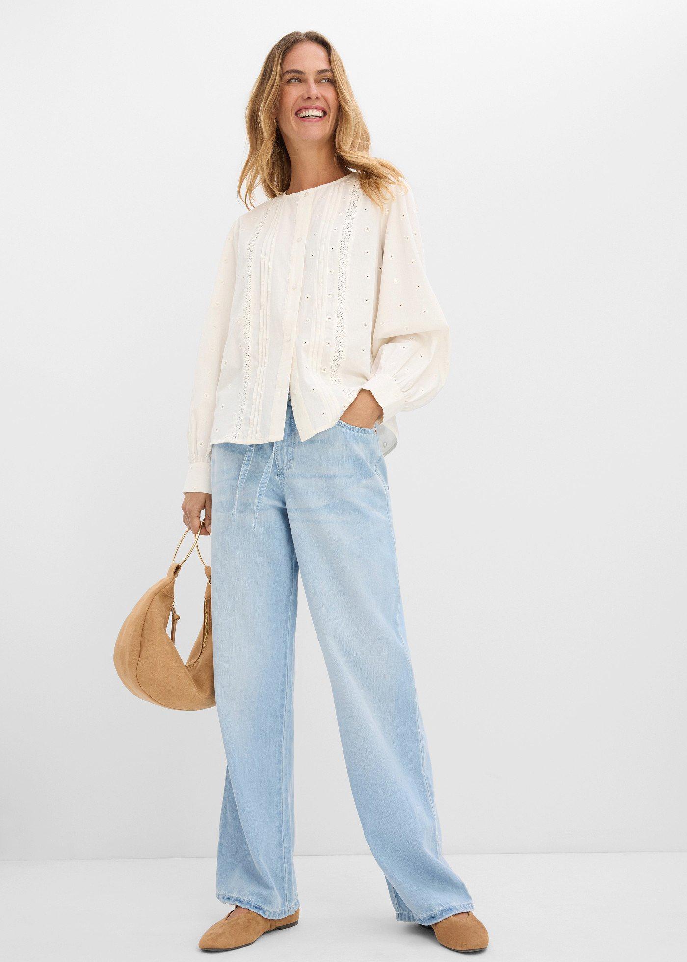 Jeansy wide leg, mid waist, z paskiem - Bonprix