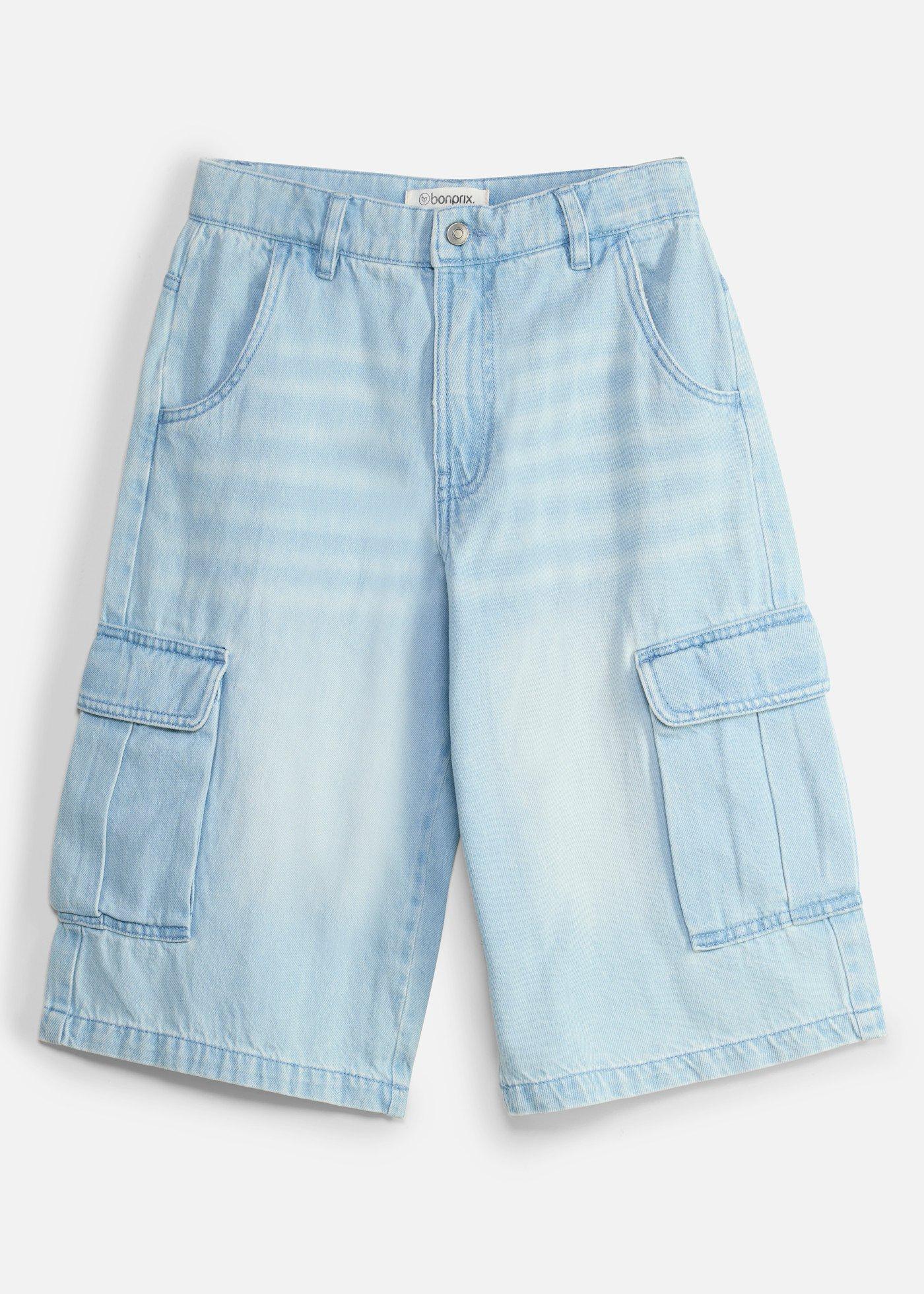 Długie bermudy jeansowe z regulowanym pasem, baggy fit - Bonprix