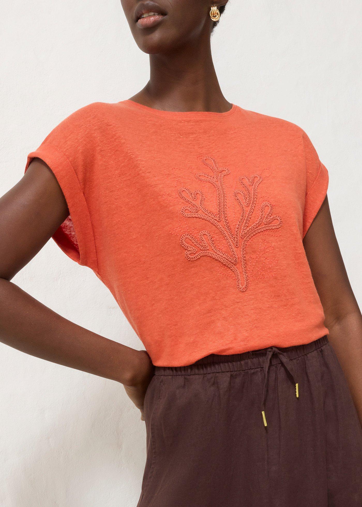 Lekki T-shirt z czystego lnu z haftem - Bonprix
