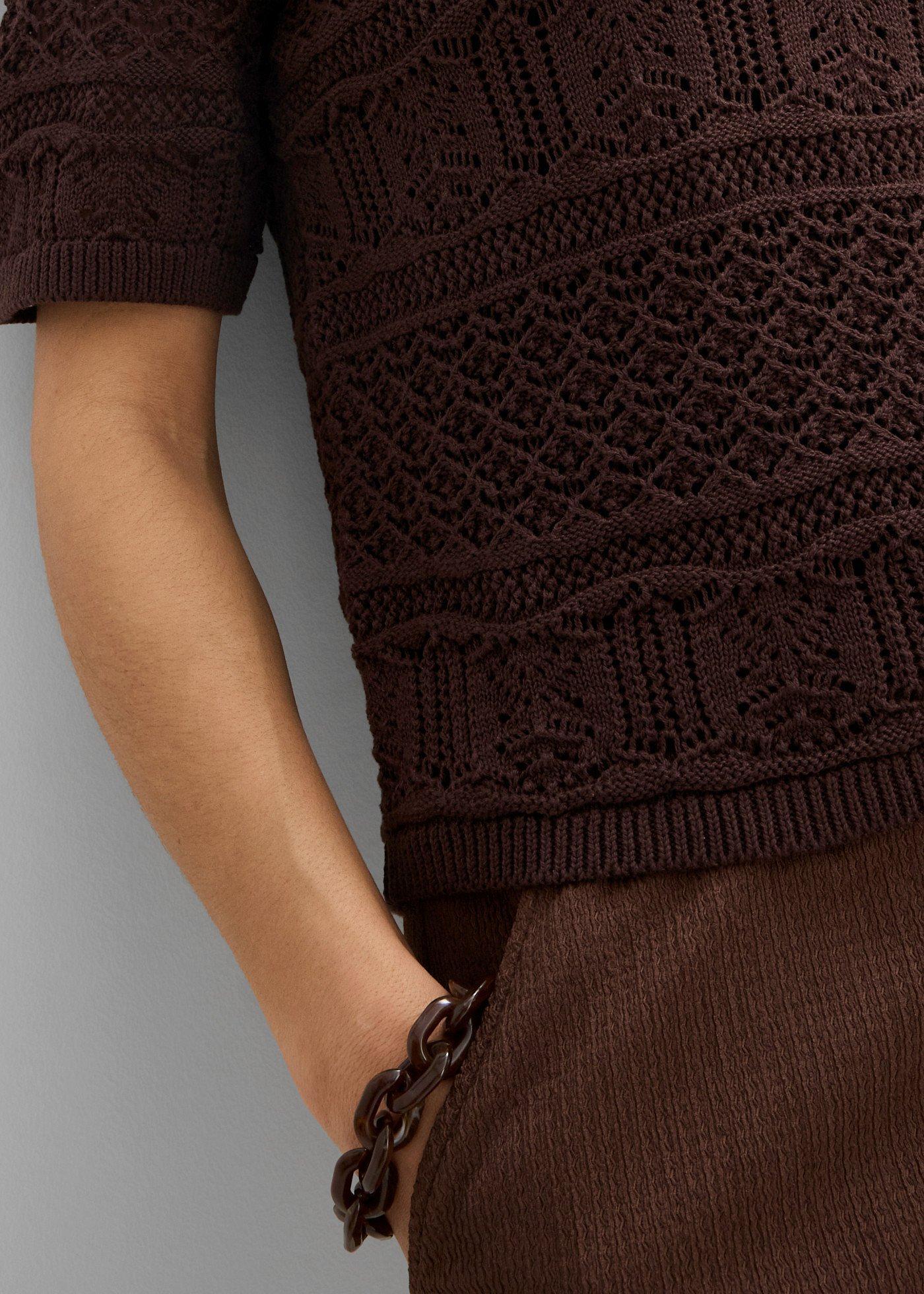 Sweter ażurowy z kołnierzykiem polo, z domieszką bawełny - Bonprix