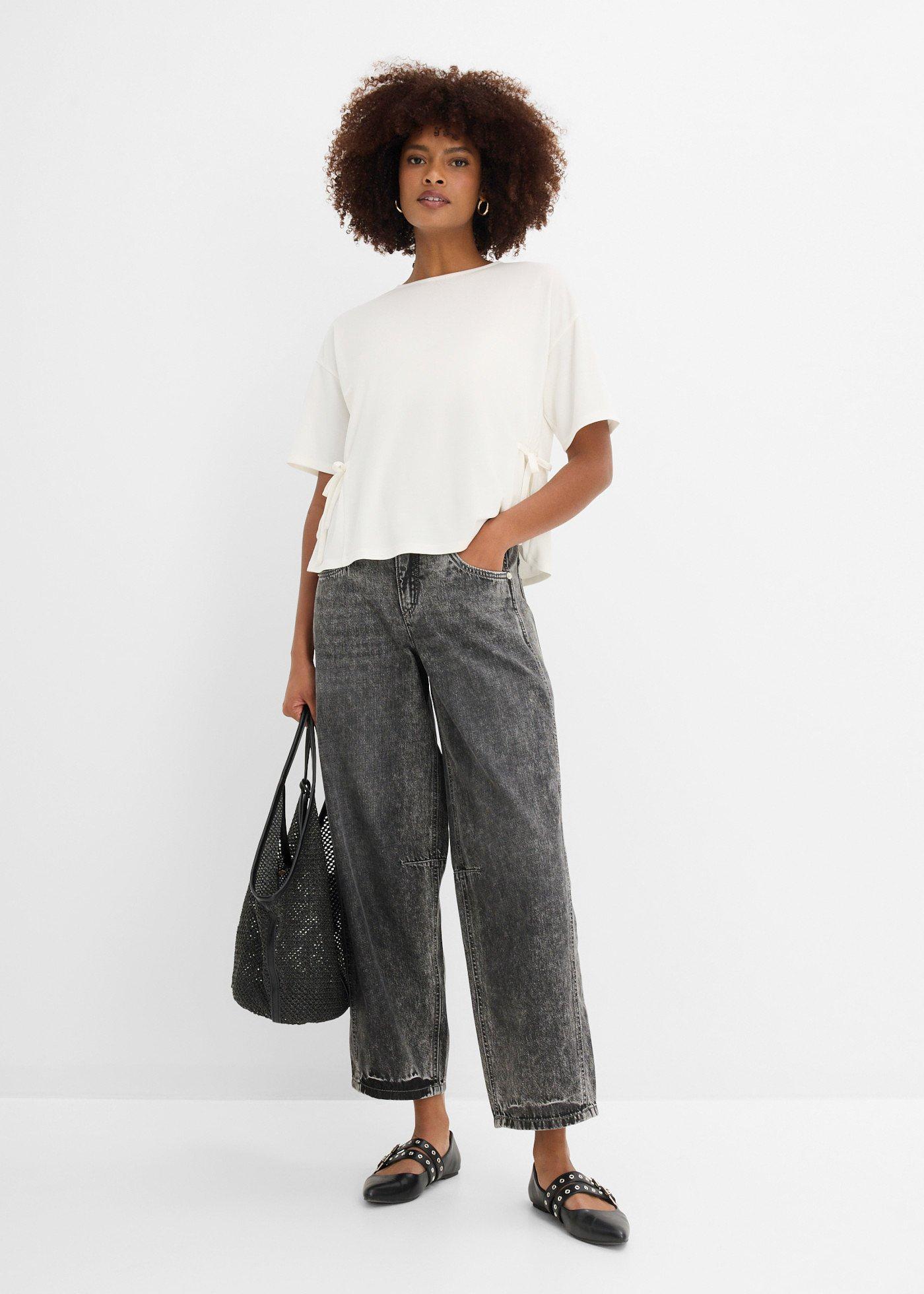 Jeansy o kroju balonowym, średni stan, super soft, cropped - Bonprix