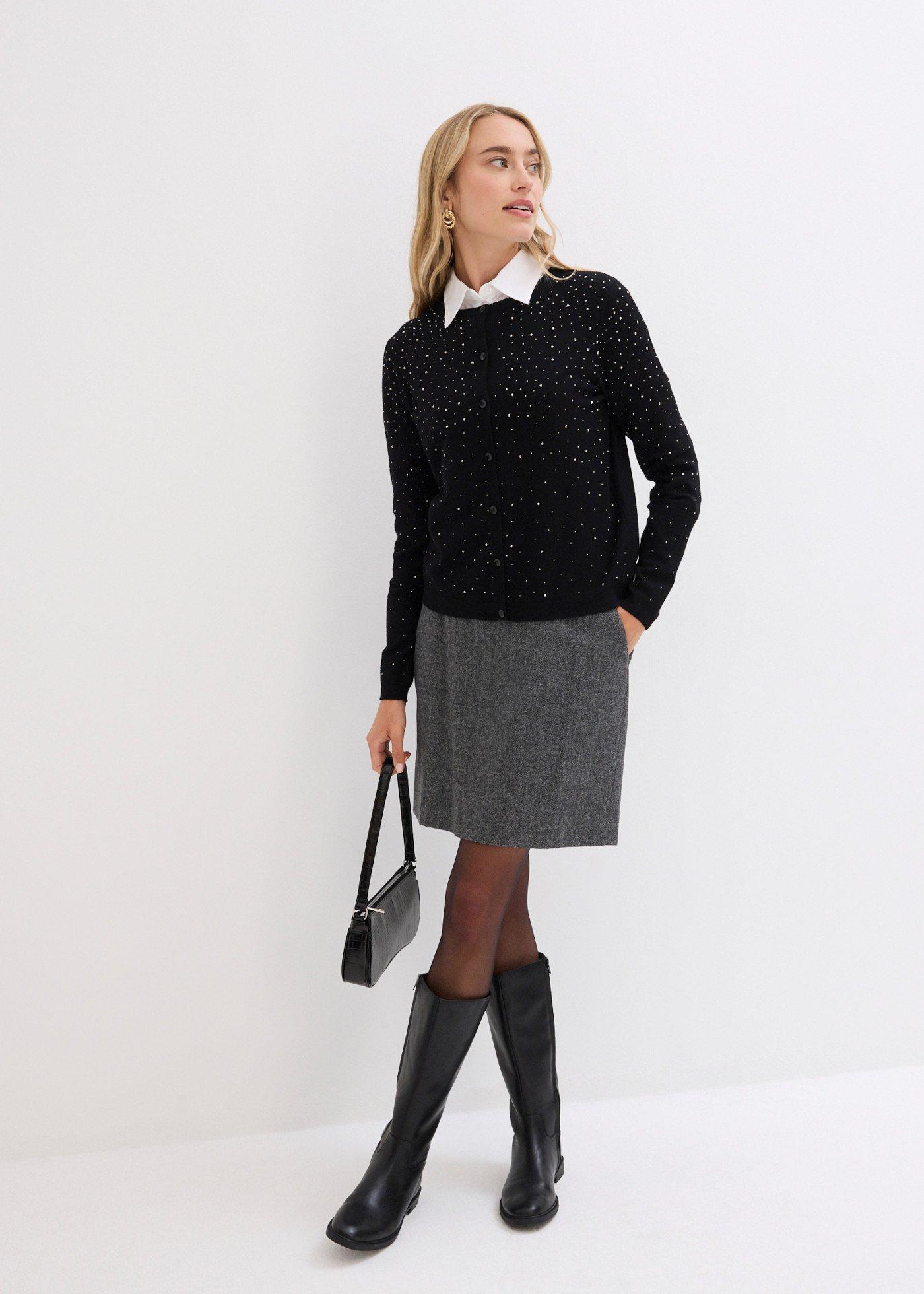 Sweter rozpinany z połyskującymi kamieniami - Bonprix