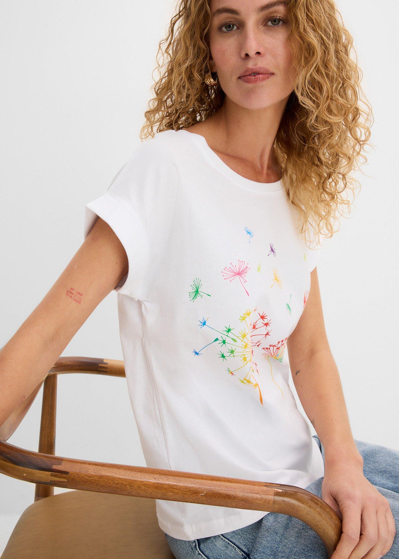 T-shirt z nadrukiem z roślinnym motywem - Bonprix