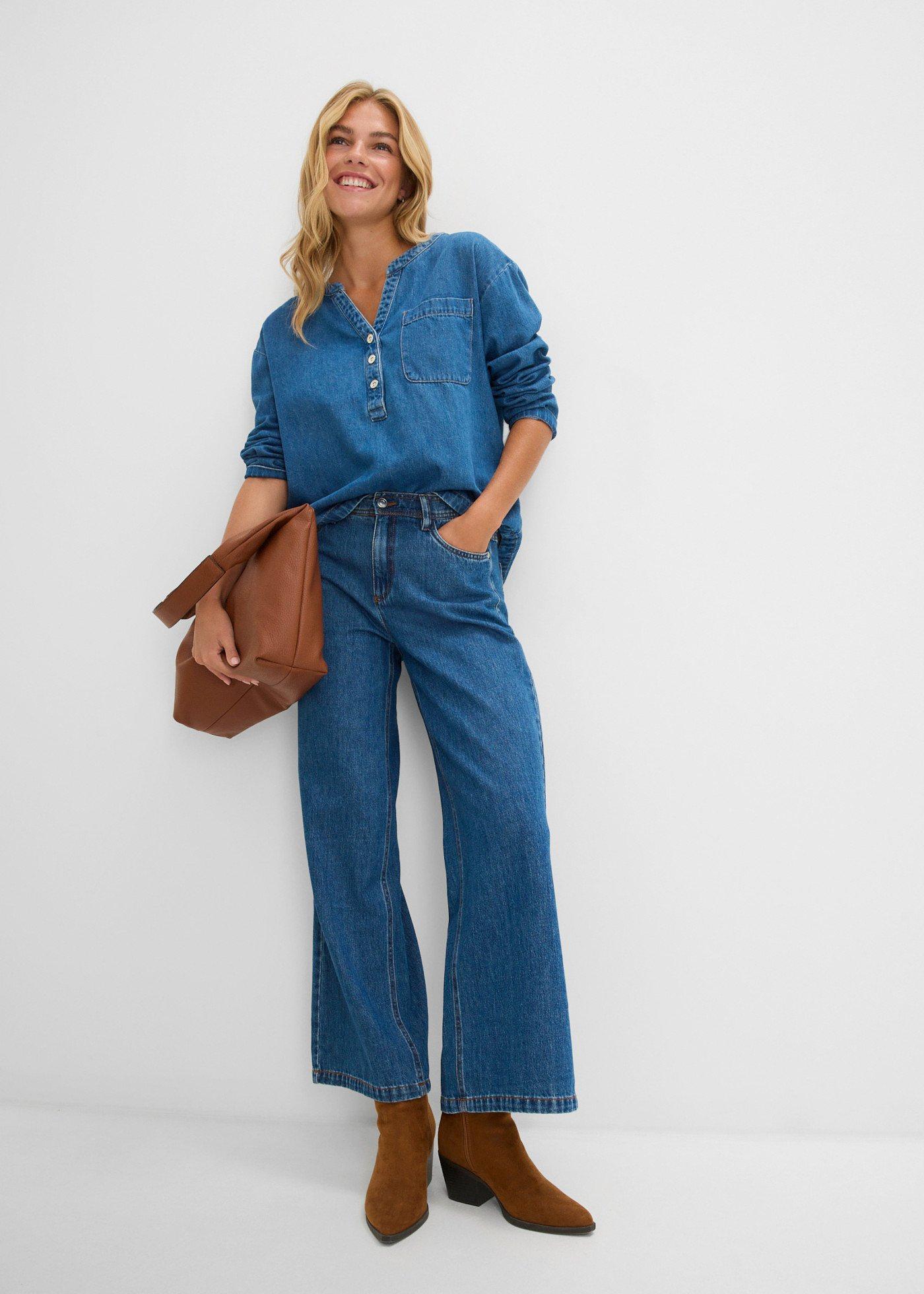Lekkie jeansy wide leg, mid waist, cropped - Bonprix