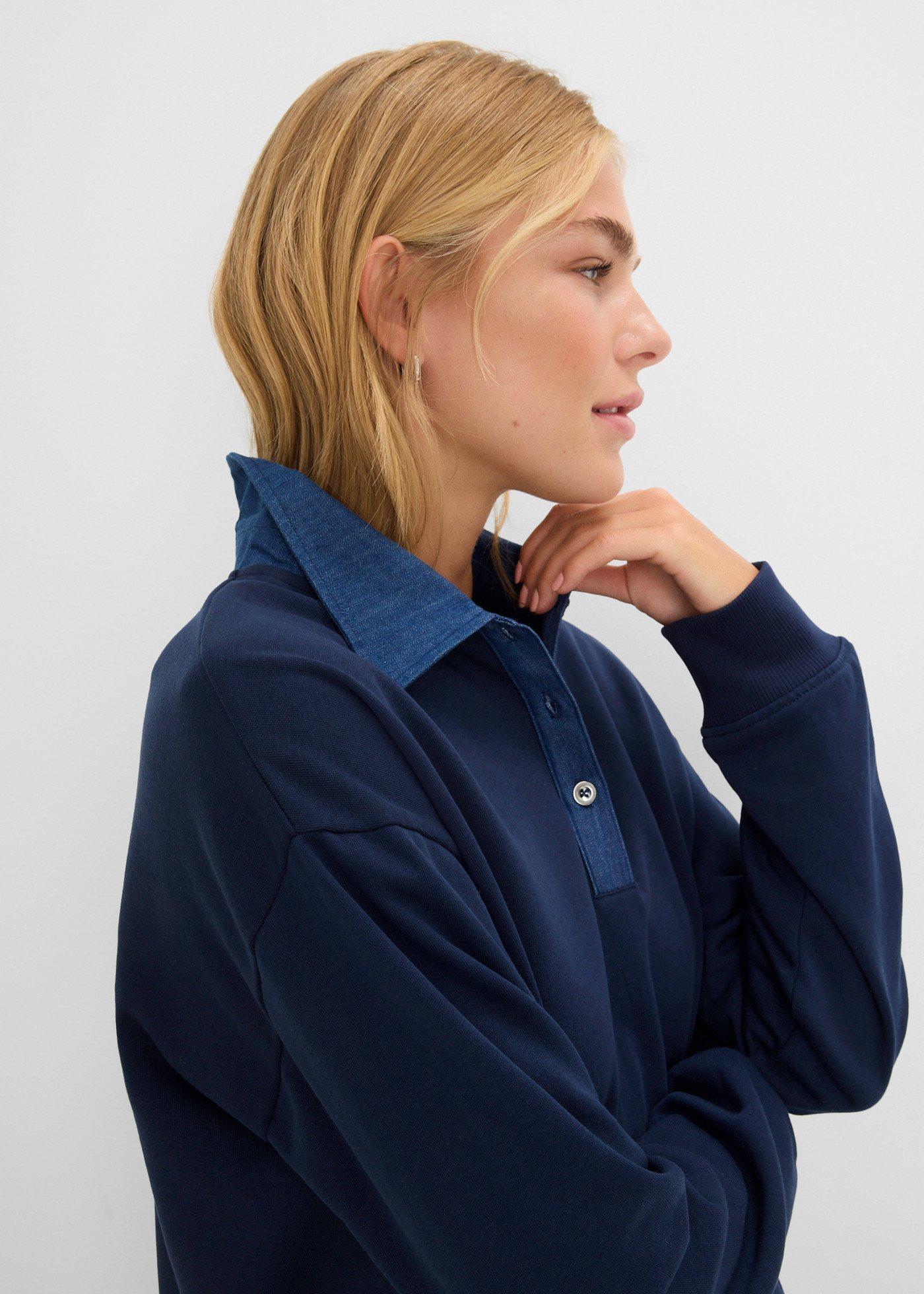 Bluza dresowa oversize z jeansowym kołnierzykiem z mieszanki bawełny - Bonprix