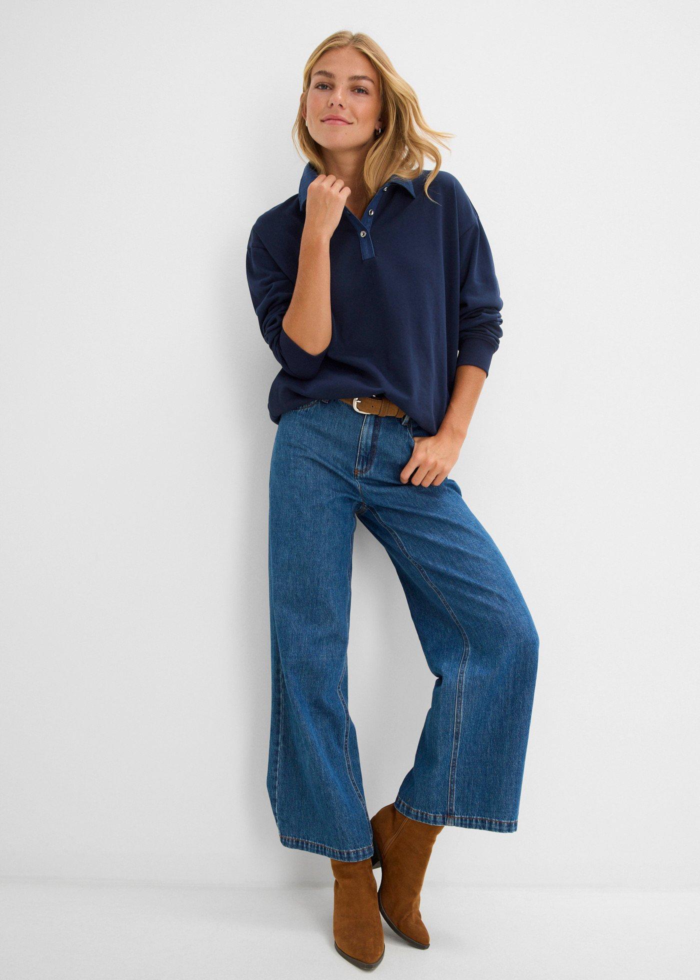 Bluza dresowa oversize z jeansowym kołnierzykiem z mieszanki bawełny - Bonprix
