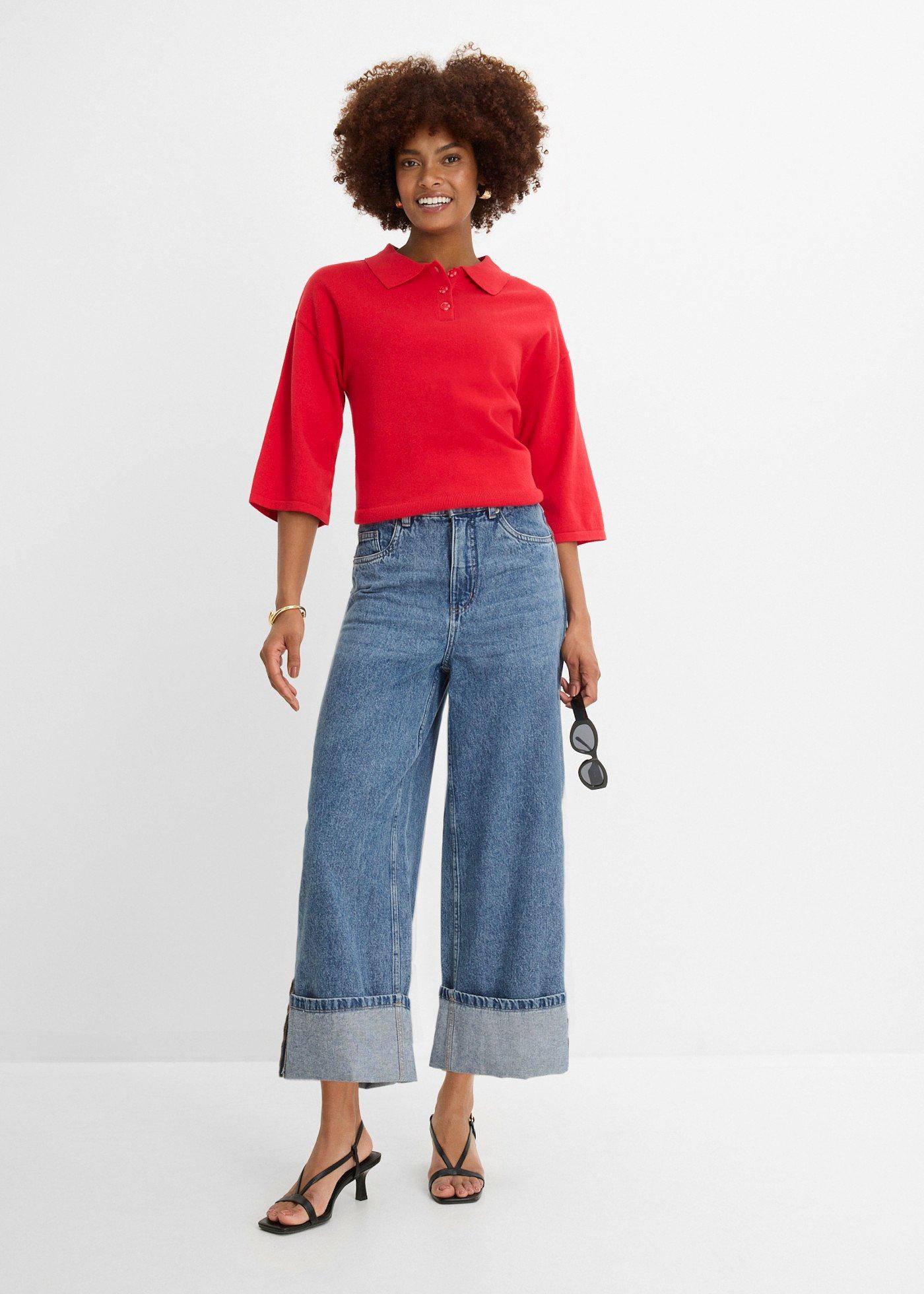 Jeansy wide leg, mid waist, cropped - Bonprix