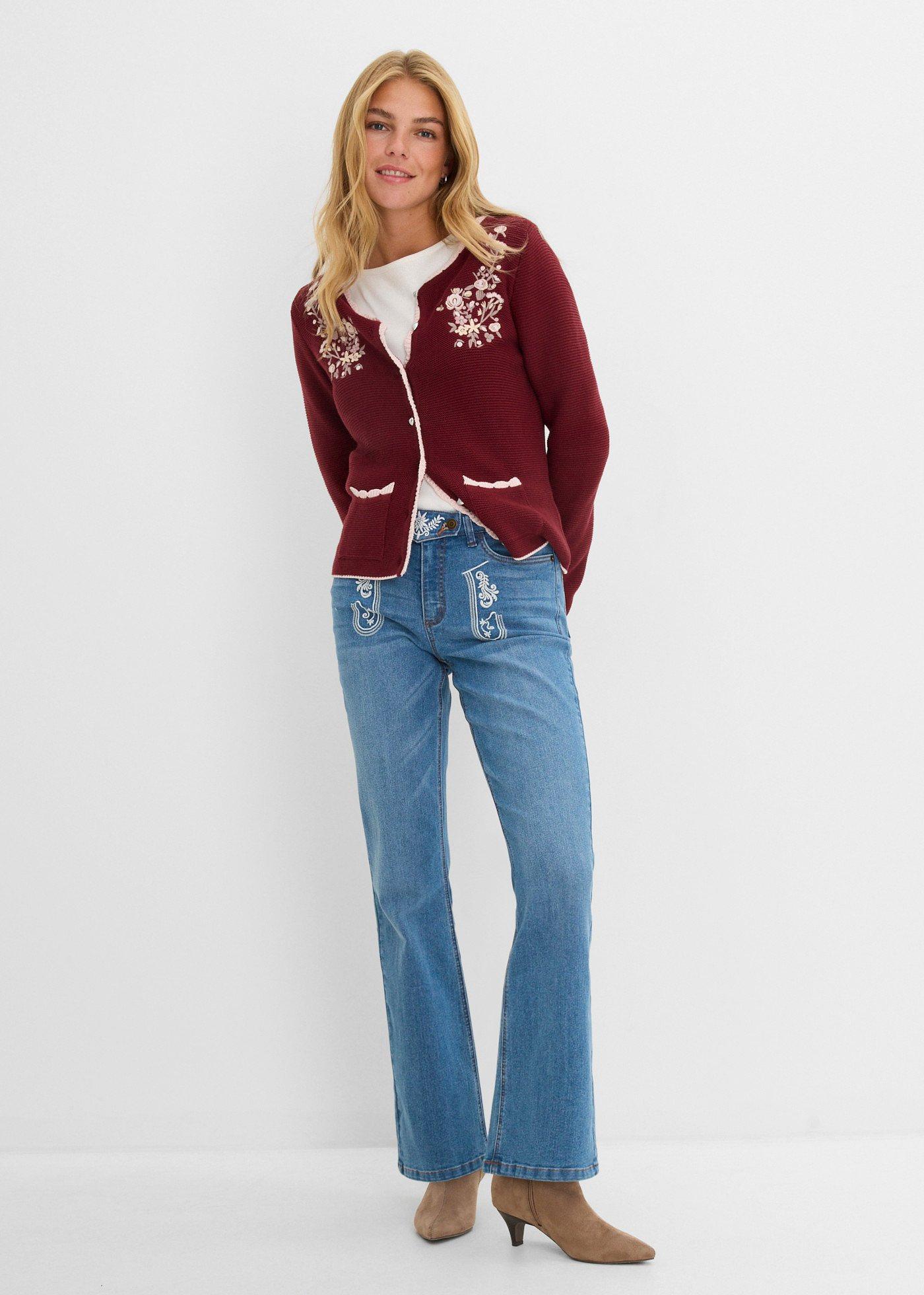 Ludowe jeansy bootcut, mid waist, z haftem - Bonprix