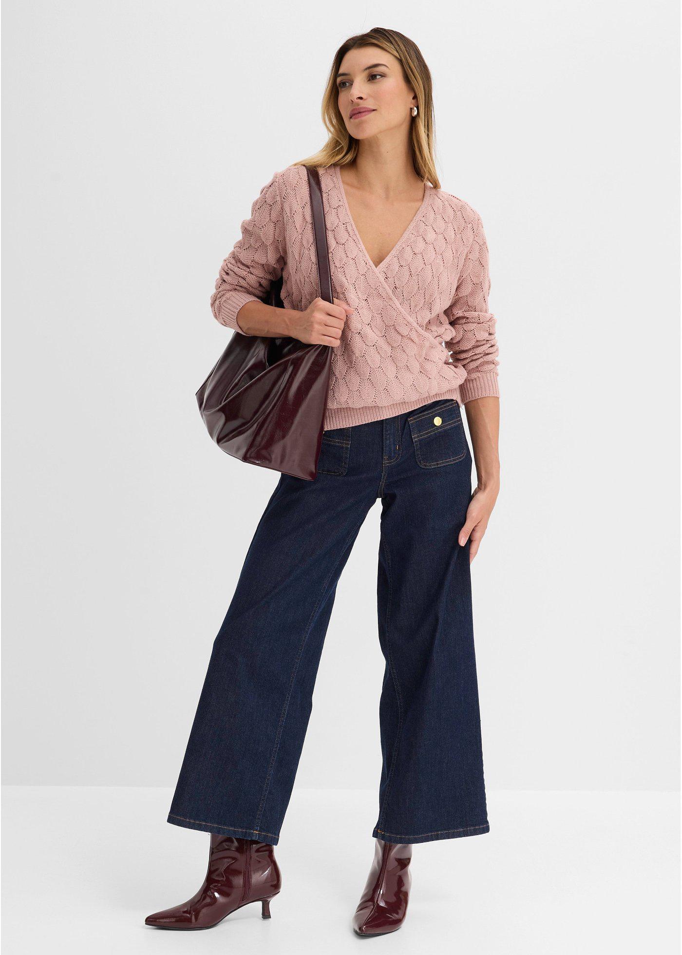Sweter ażurowy w optyce kopertowego - Bonprix