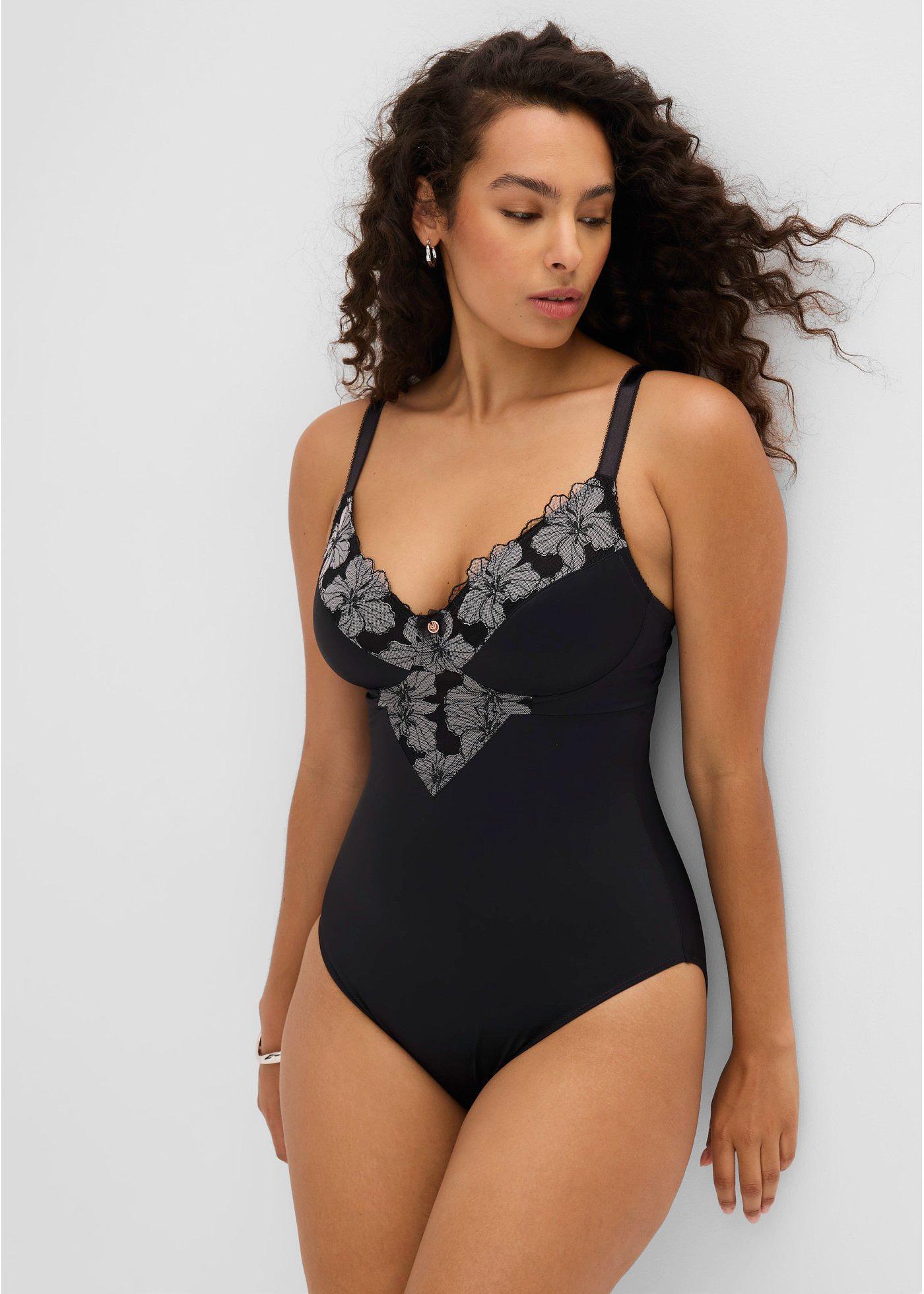 Mocno modelujące body bez fiszbin z haftem - Bonprix