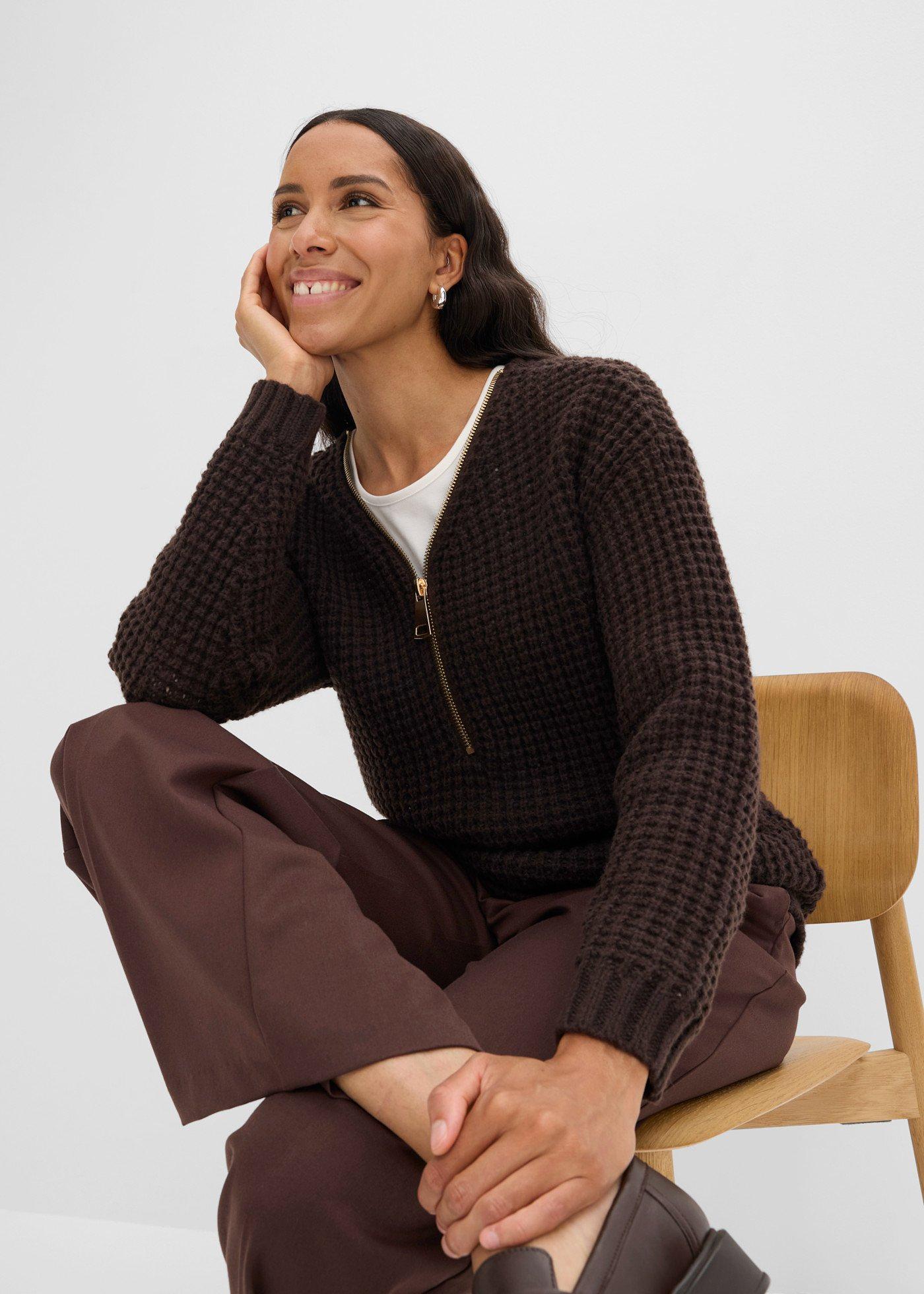 Gruby sweter dzianinowy z zamkiem - Bonprix