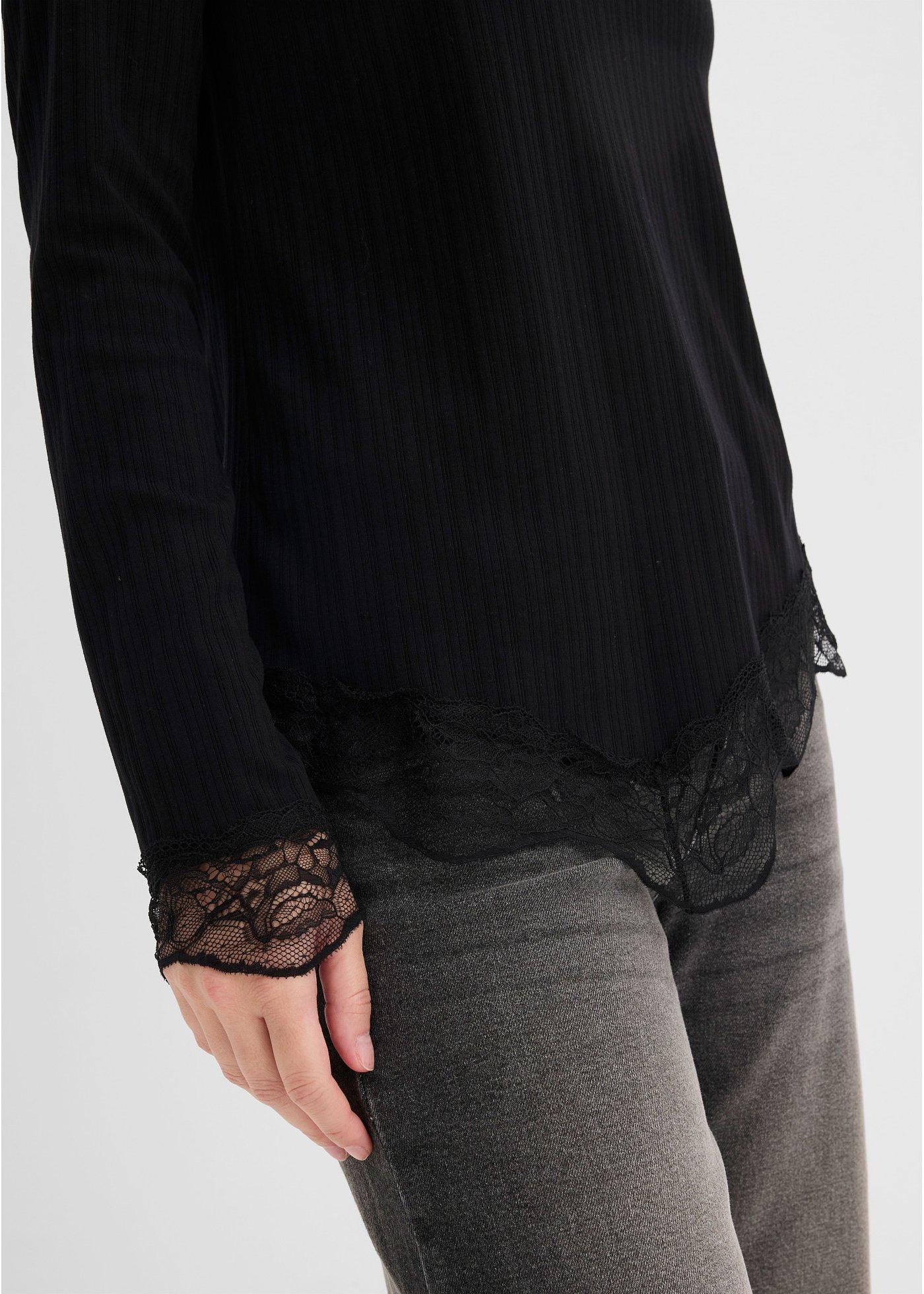 Bluzka z długim rękawem i koronkowym dołem - Bonprix