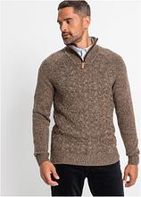 Optional[Zopfstrick Troyer-Pullover mit Wollanteil in braun von vorne (im Anschnitt) - bonprix]