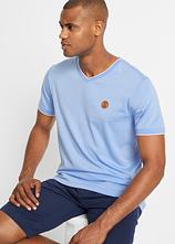 T-Shirt mit V-Ausschnitt in Doppeloptik in blau von vorne (im Anschnitt) - bonprix