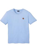 T-Shirt mit V-Ausschnitt in Doppeloptik in blau von vorne - bonprix