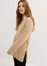 Long-Feinstrickpullover mit Seitenschlitzen aus Viskose-Mix in beige (im Anschnitt) - bonprix