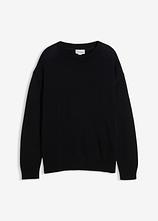 Rundhalspullover aus weichem Baumwollmix, Loose Fit in schwarz von vorne - bonprix